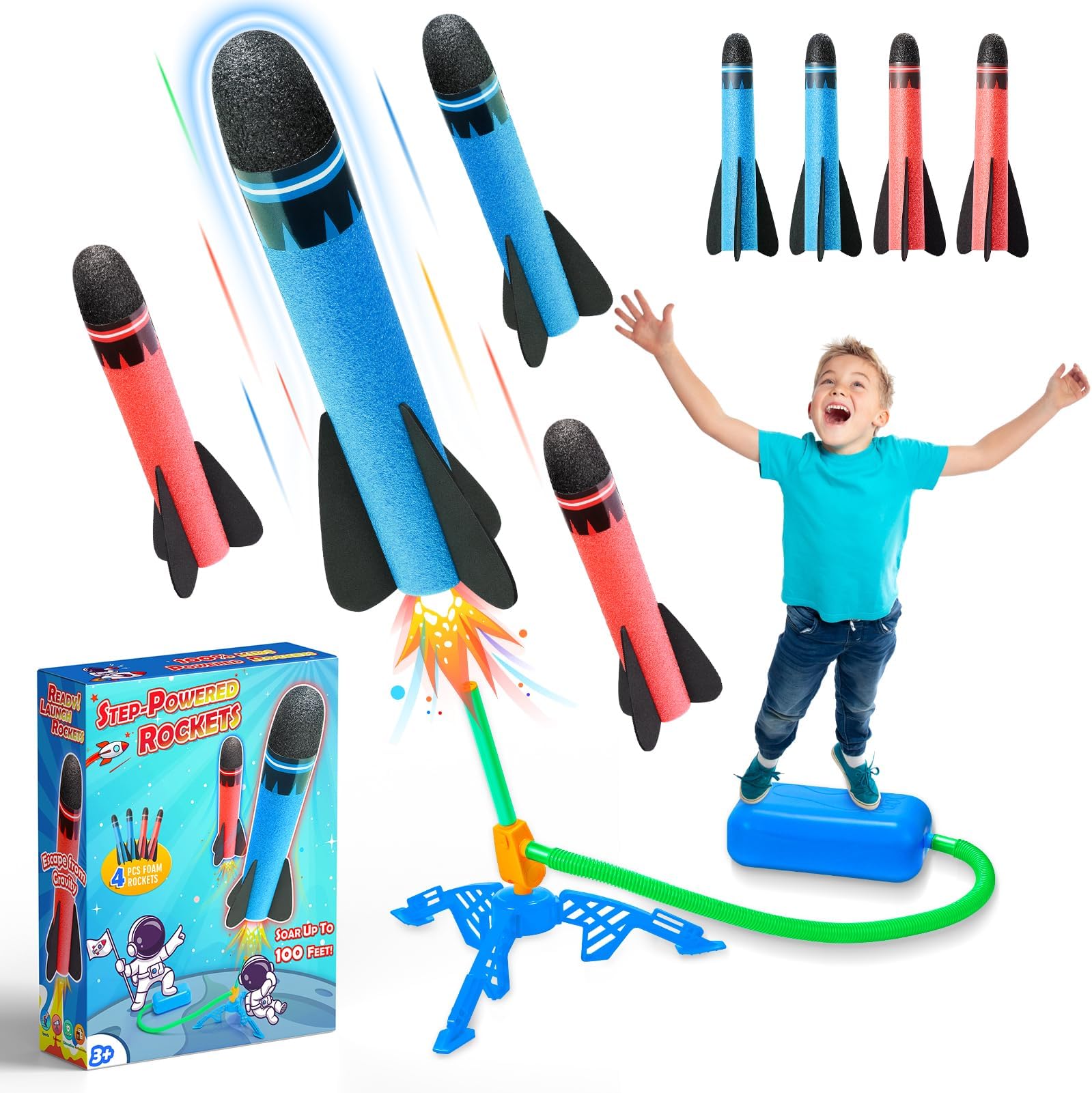 HappyGoLucky 4pcs Foam Rockets Toy Launcher Playset for Kids Fun Outdoor Toys Gifts for Boys Girls