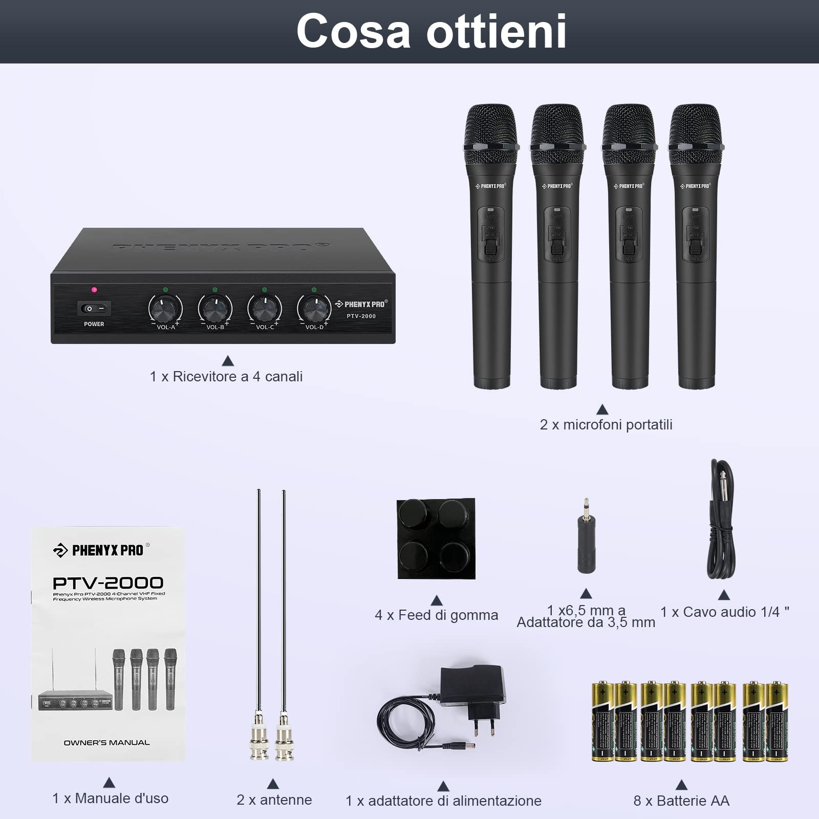 Phenyx Pro Sistema microfono wireless professionali VHF a 4 canali, con 4 microfoni senza fili dinamici palmari, ricevitore in metallo, lunga portata per canto, karaoke, chiesa (PTV-2000-4H)