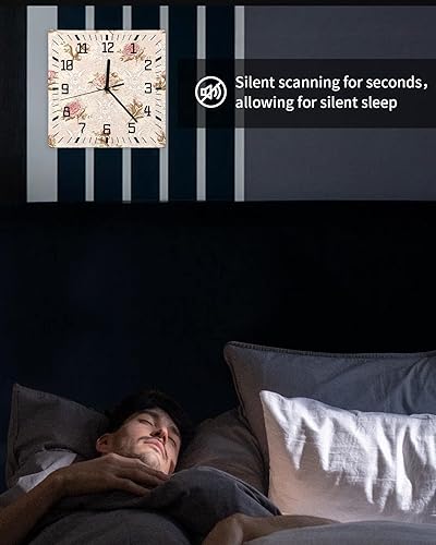 Miniatura 6 de Reloj de pared de madera con flores rosas, silencioso, sin tictac, estampado floral de primavera, blanco, vintage, cuadrado, funciona con pilas,