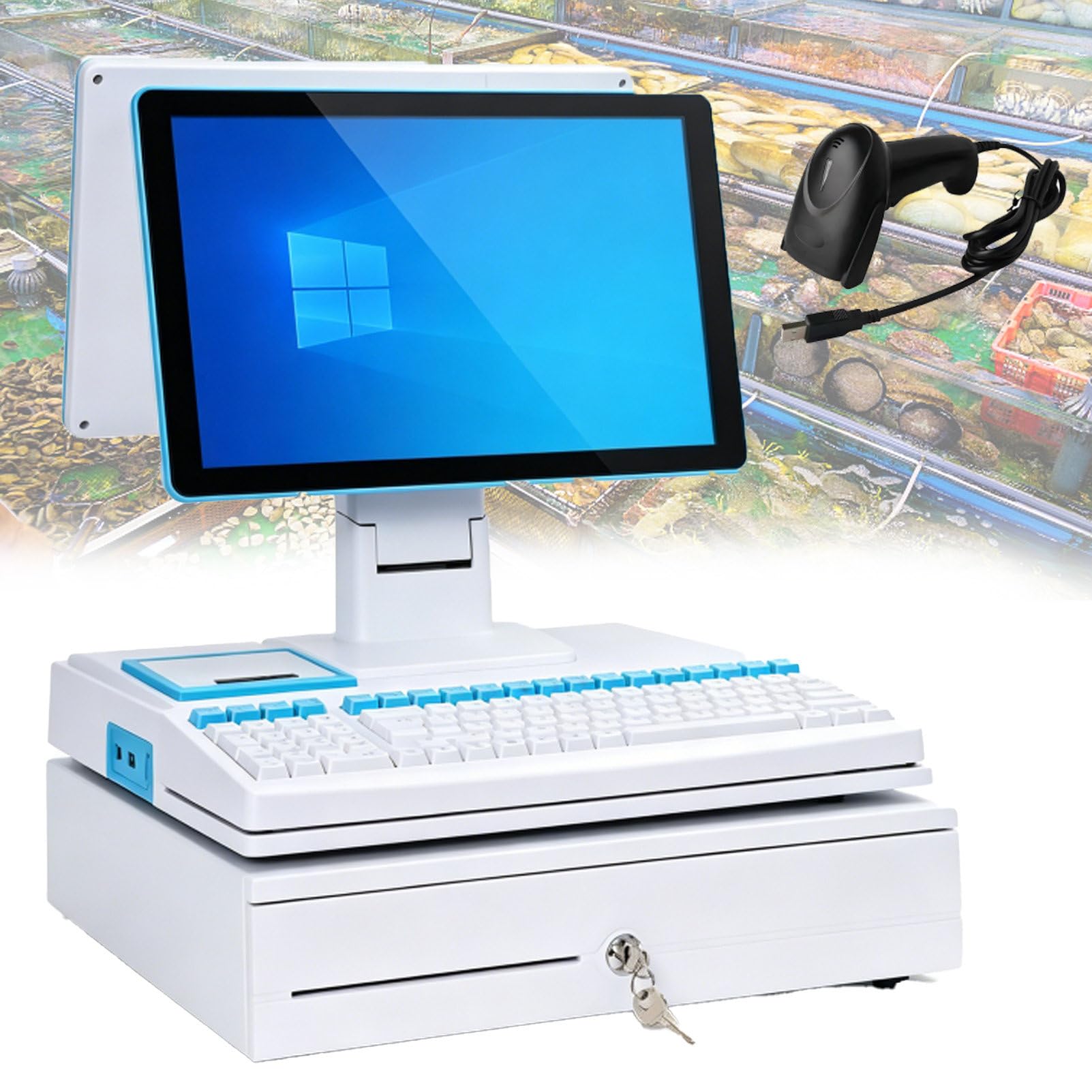 Pvxa White All-In-One Pos Cash Register System, All-In-One Cash Register With 15.6" Touch Screen Monitor, Led Touch Screen, 101 Keys Keyboard, Handheld Scanner Dualscreen