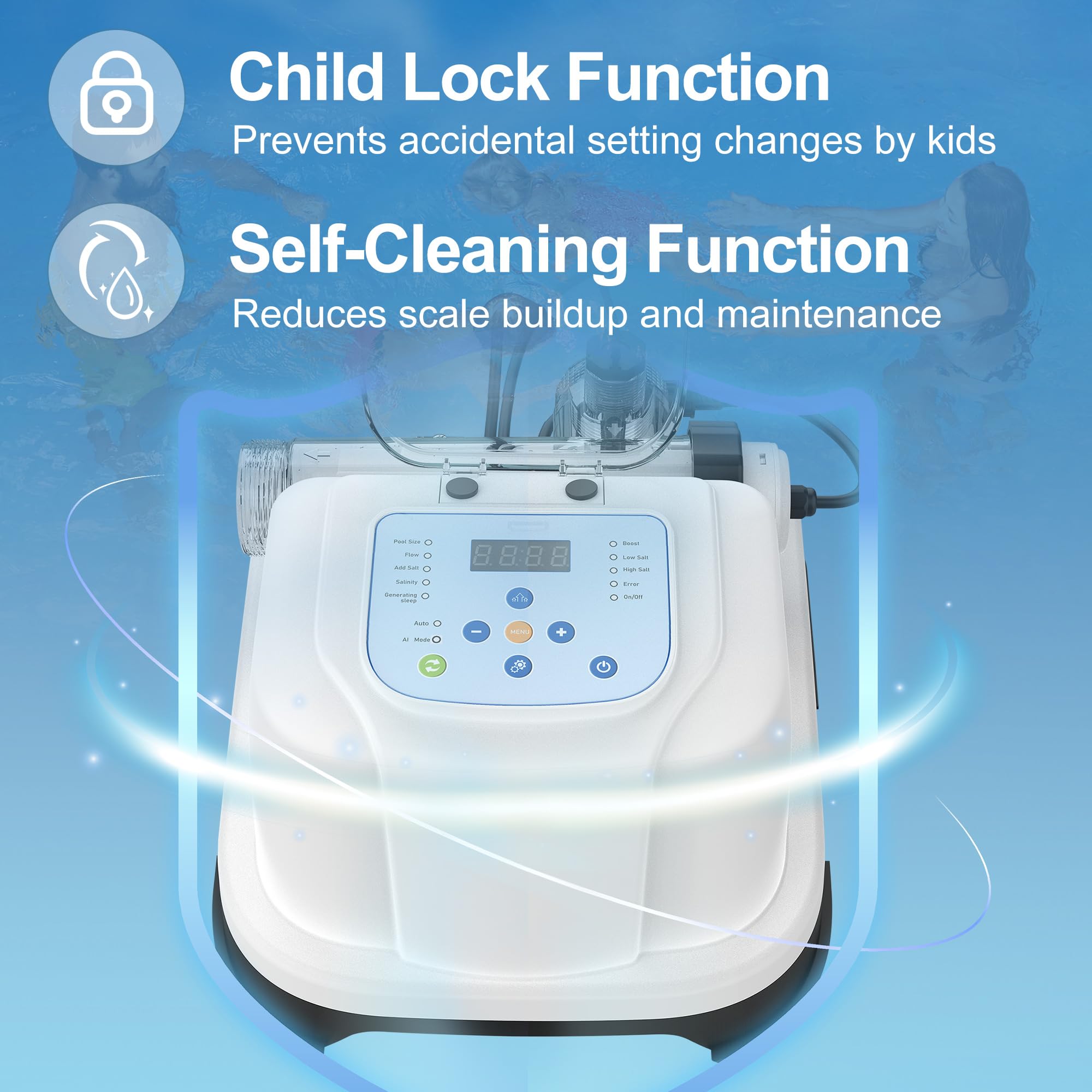 Chlorinateur d'eau salée pour piscines hors sol, système de piscine d'eau salée jusqu'à 5 000 litres, générateur de chlore salé autonettoyant, avec modes auto/AI, adaptateurs et bandelette de test