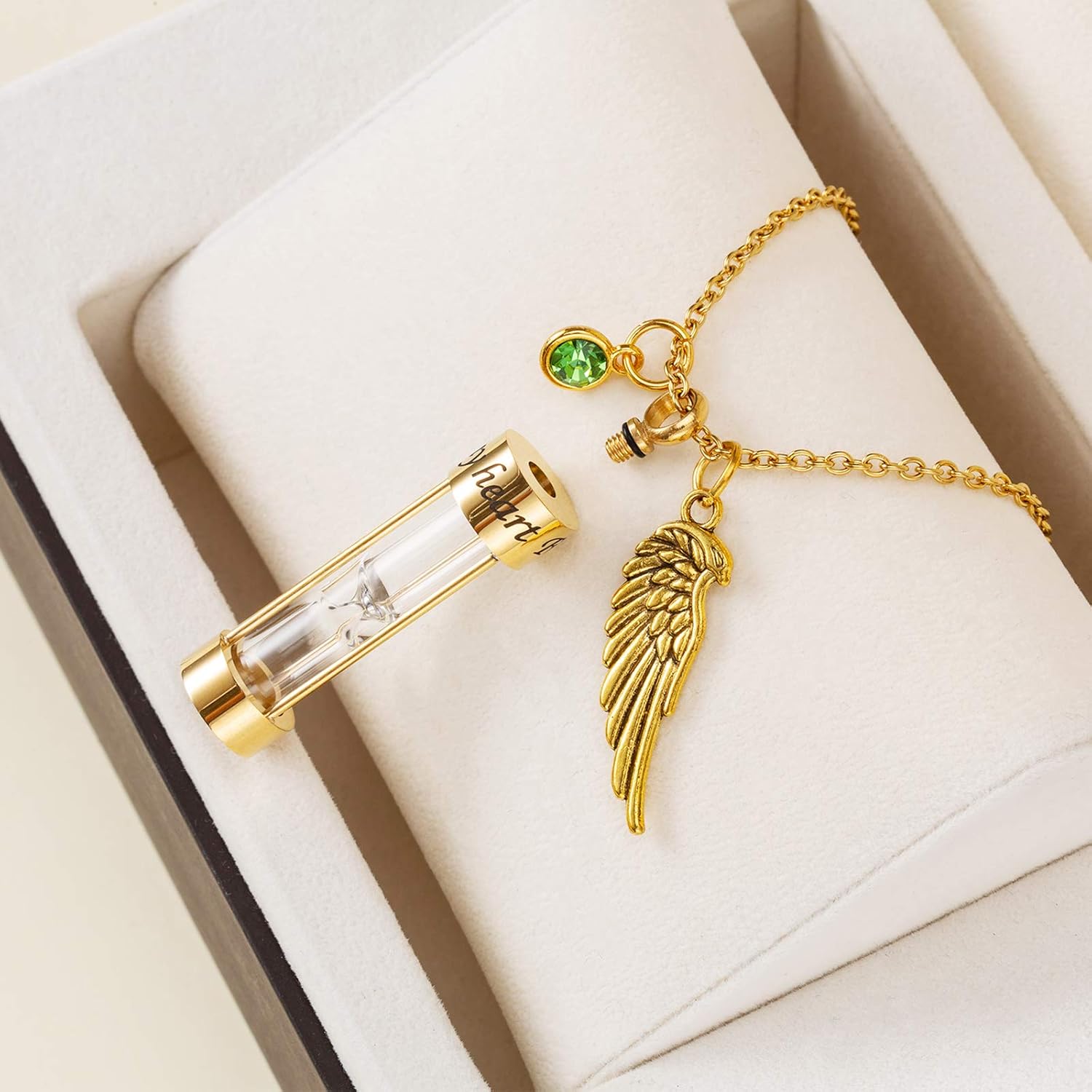 PREKIAR Cremation Urn Necklace for Ashes Timeless Hourglass Memorial Pendant Keepsake Jewelry for Human Pet Ashes with 12 Birthstone Angel Wing - Image 3