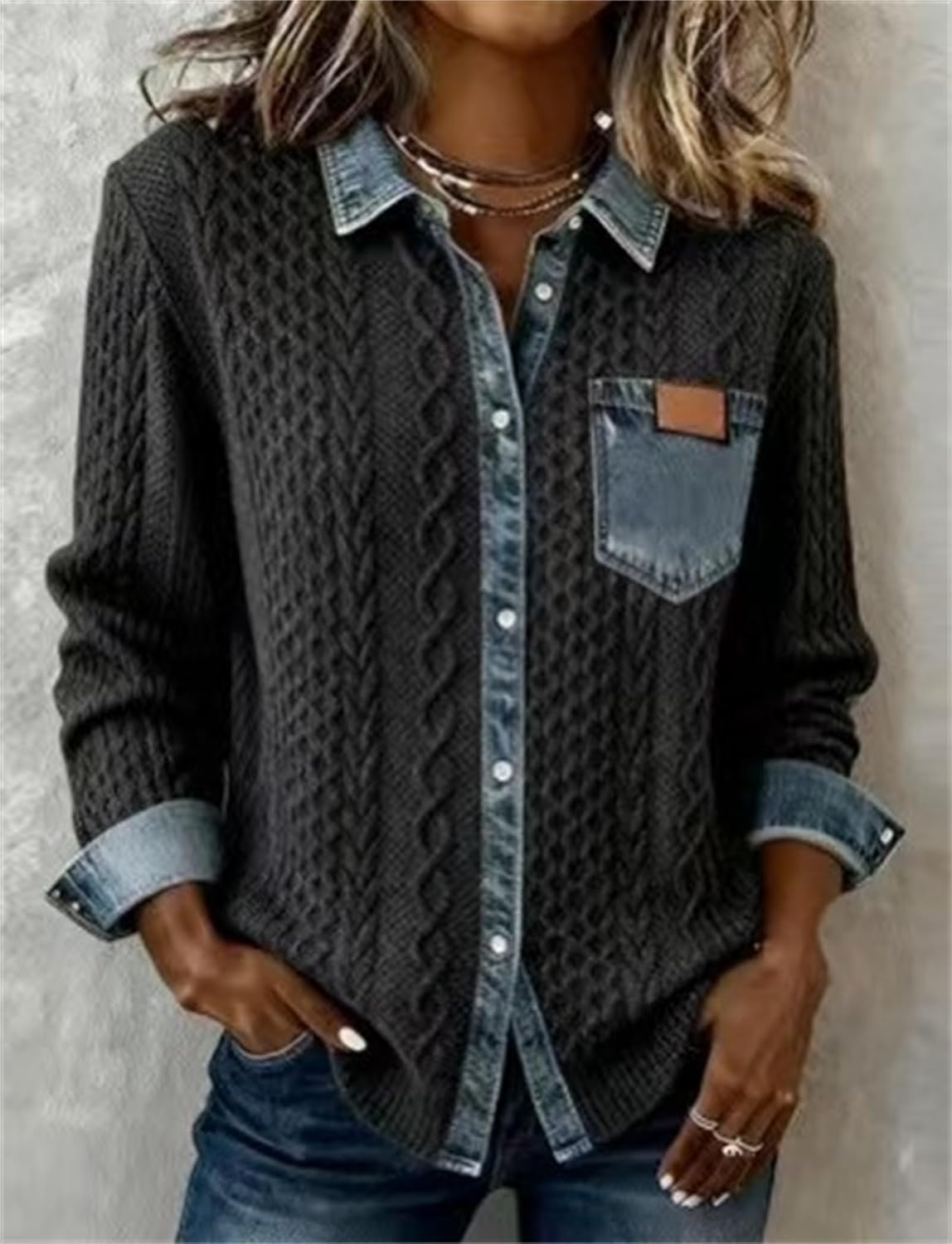 Women's Knitted Spliced Denim Shirt, Autumn and Winter Fashion Retro Cardigan ，Vintage Waffle Knit Jean Sweater