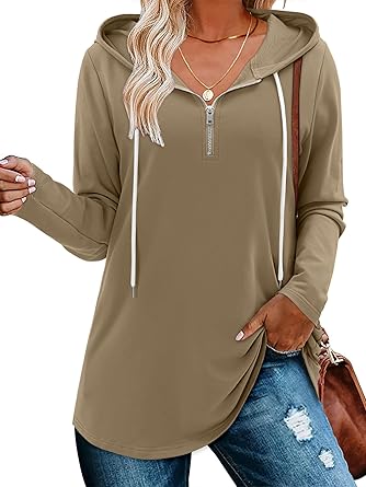 BETTE BOUTIK Womens Quarter Zip Tunic Hoodies Pullover Long Hooded Sweatshirts S-3XL