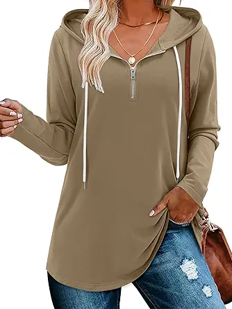 BETTE BOUTIK Womens Quarter Zip Tunic Hoodies Pullover Long Hooded Sweatshirts S-3XL