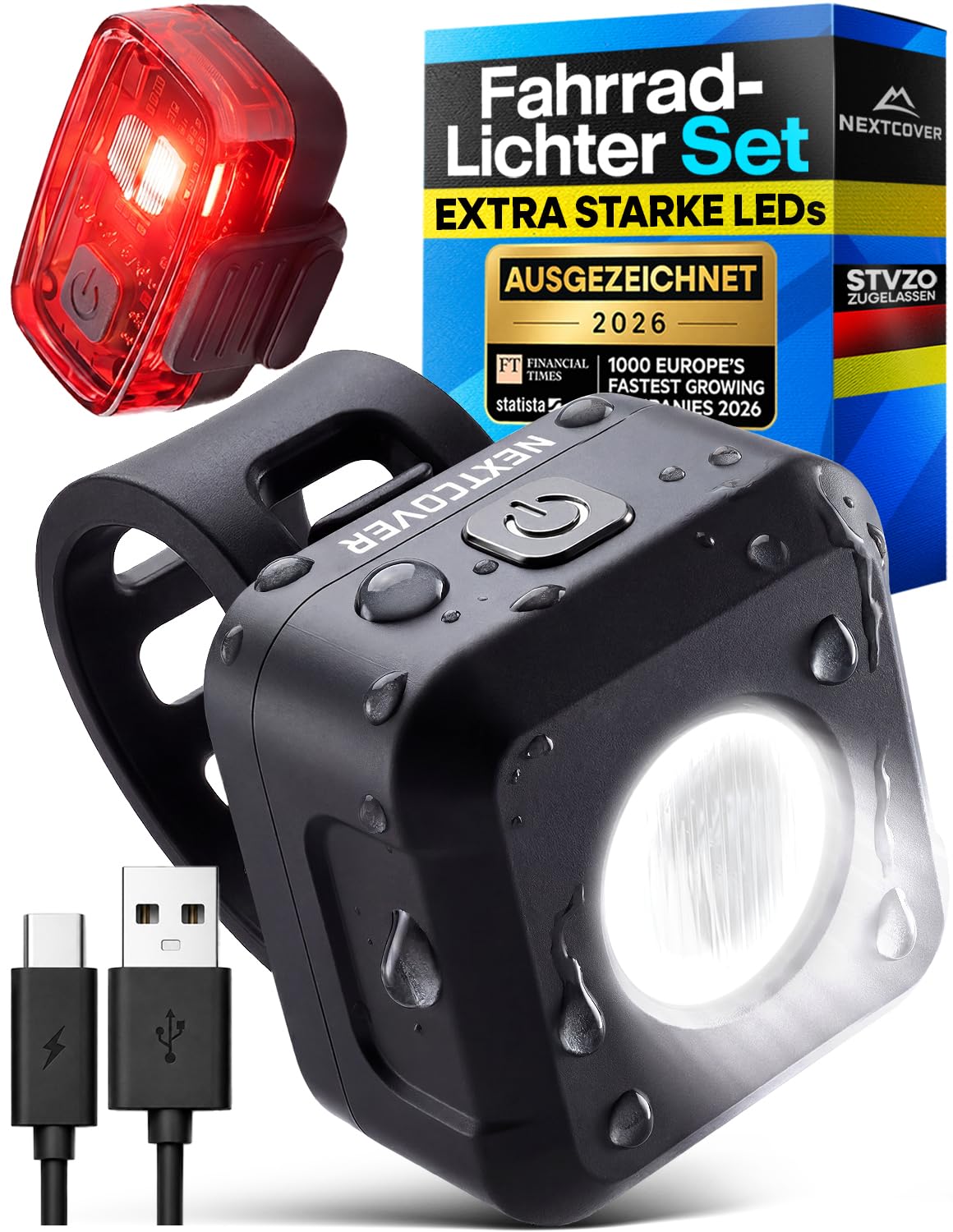 NEXTCOVER® Fahrradlicht Set mit [VisionOne] I LED Set USB-C aufladbar & wasserdicht I StVZO zugelassen I Fahrrad Licht vorne I Fahrradlampe & Fahrrad Rücklicht, Fahrradbeleuchtung Akku, Licht Fahrrad