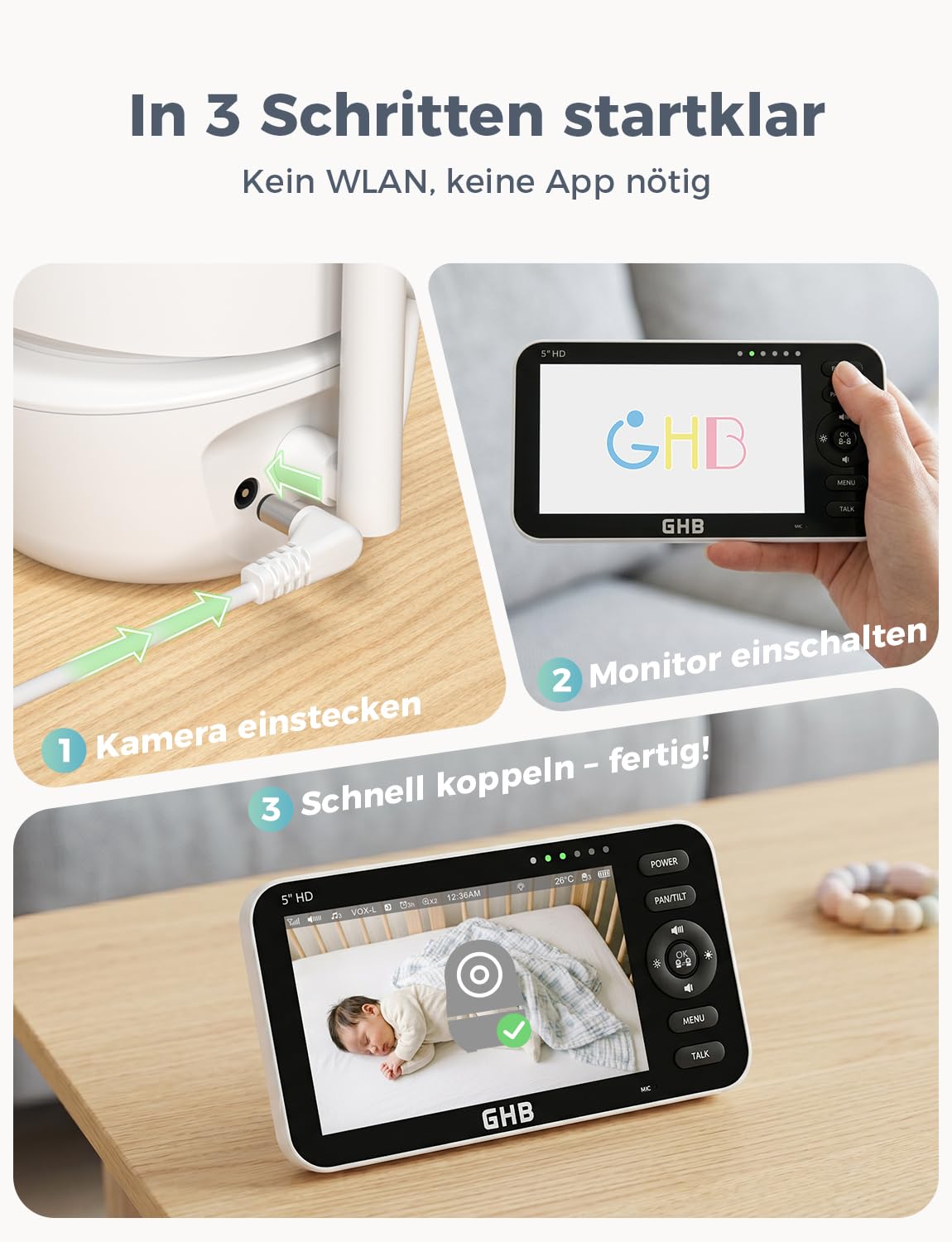GHB Babyphone mit Kamera 5 Zoll 720P HD Display mit bis zu 168h Akkulaufzeit im VOX Schlafmodus Split-Screen-Anzeige Nachtsicht 4X Zoom Schwenkbar