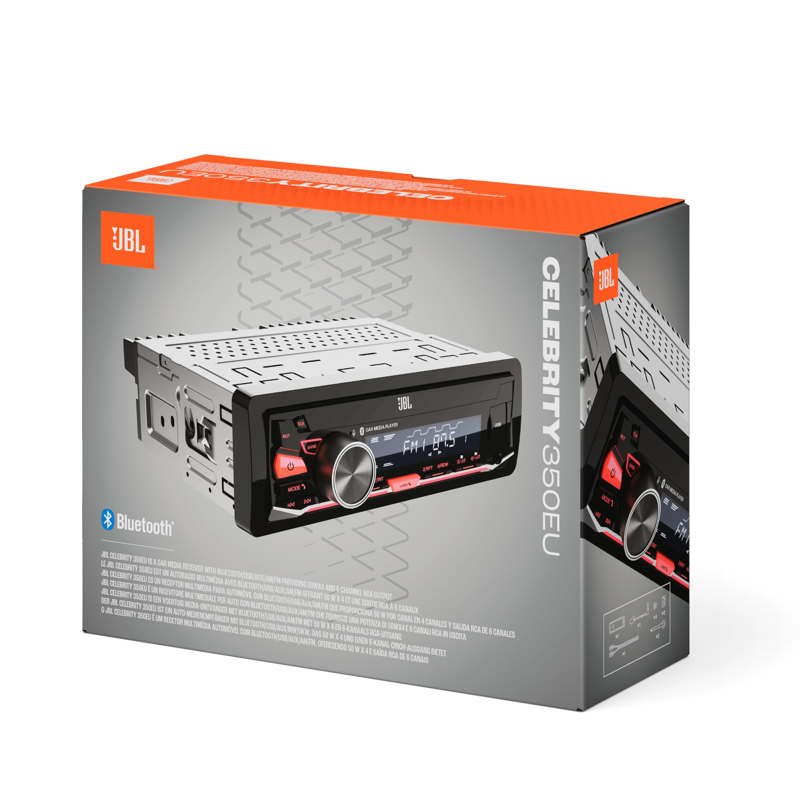 JBL Celebrity 350 Autoradio 1 DIN Bluetooth USB AUX AM FM RDS per Auto | Potenza max 4x50W, Bluetooth 6.0, sintonizzatore AM FM RDS, uscita RCA 6 canali 4V, 20Hz-20kHz, misure 178x50x87mm, microfono