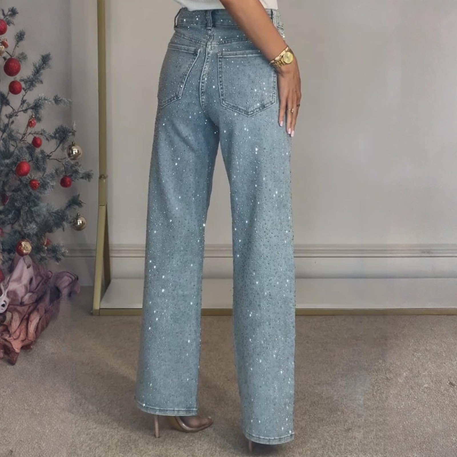 Jeans Damen High Waist Straight Glitzer Hose Damen Elegant Strass Weites Bein Jeanshose Baggy Y2K Palazzo Hosen Damen Lang Party Damenhosen Denim Mit Knöpfen Stylische Marlenehose Bequeme