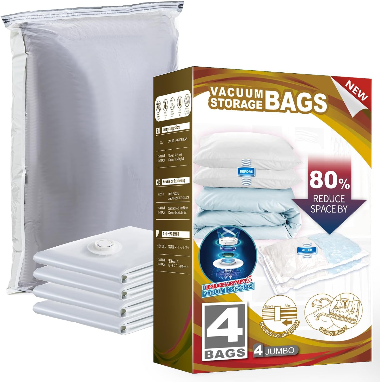 TAILI Compression Bag, Clothes Compression Bag, 4 Pieces, Futon Compression Bag, Vacuum-Packed, Compression Storage Bag, Vacuum Cleaner, Dustproof, Moisture-Proof, Mildew, Mite-Resistant, Mattress,