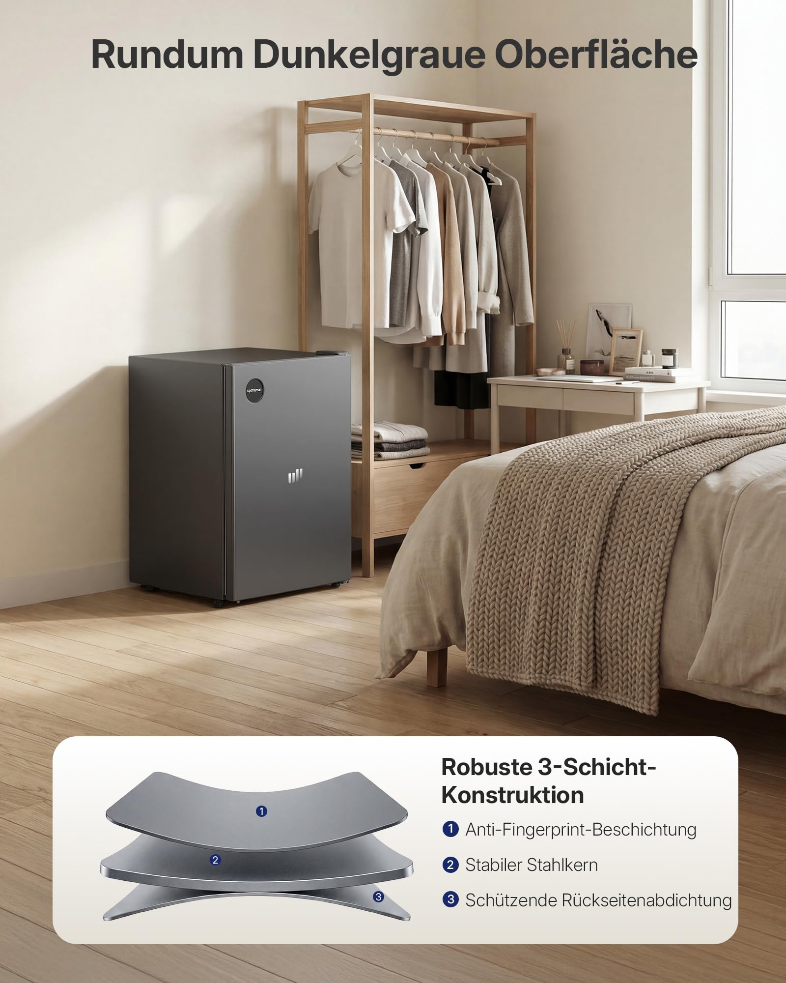 Upstreman 71L Kühlschrank Ohne Gefrierfach, 1-10°C 7-stufige Temperaturregelung, LED-Beleuchtung,40 dB Leise, Energiesparender Vollraumkühlschrank für Schlafzimmer Büro Küche, CR71-Dunkelgrau