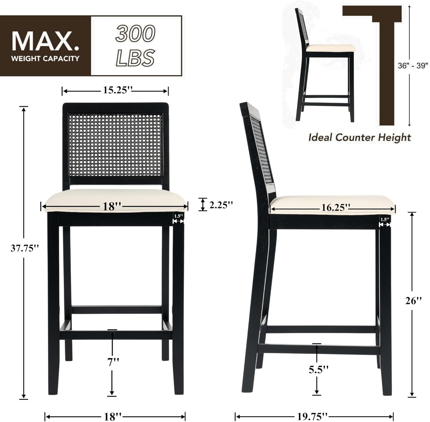 chairus 26" Rattan Bar Stools Set of 4, Farmhouse Chenille Upholstered Counter Height Stools with Cane Woven Back, Mid-Century Modern Wooden Bar Chairs for Kitchen Island, Black Beige