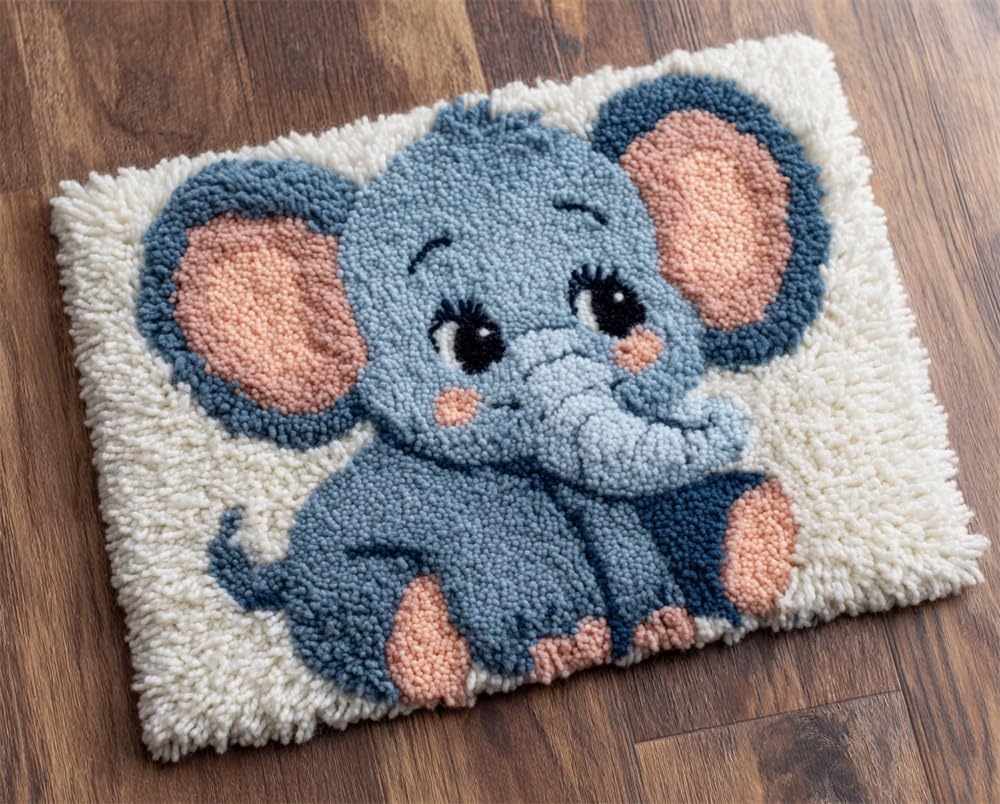 FWRTYCB Latch Hook Kits Rug Making Crafts with Pattern Printed,Cute Little Elephant 20X15Inch Large Latch Hook Rug Kit Tapestry Rug Making Kits DIY Crafts Unfinished Handmade Crochet Yarn for Adult