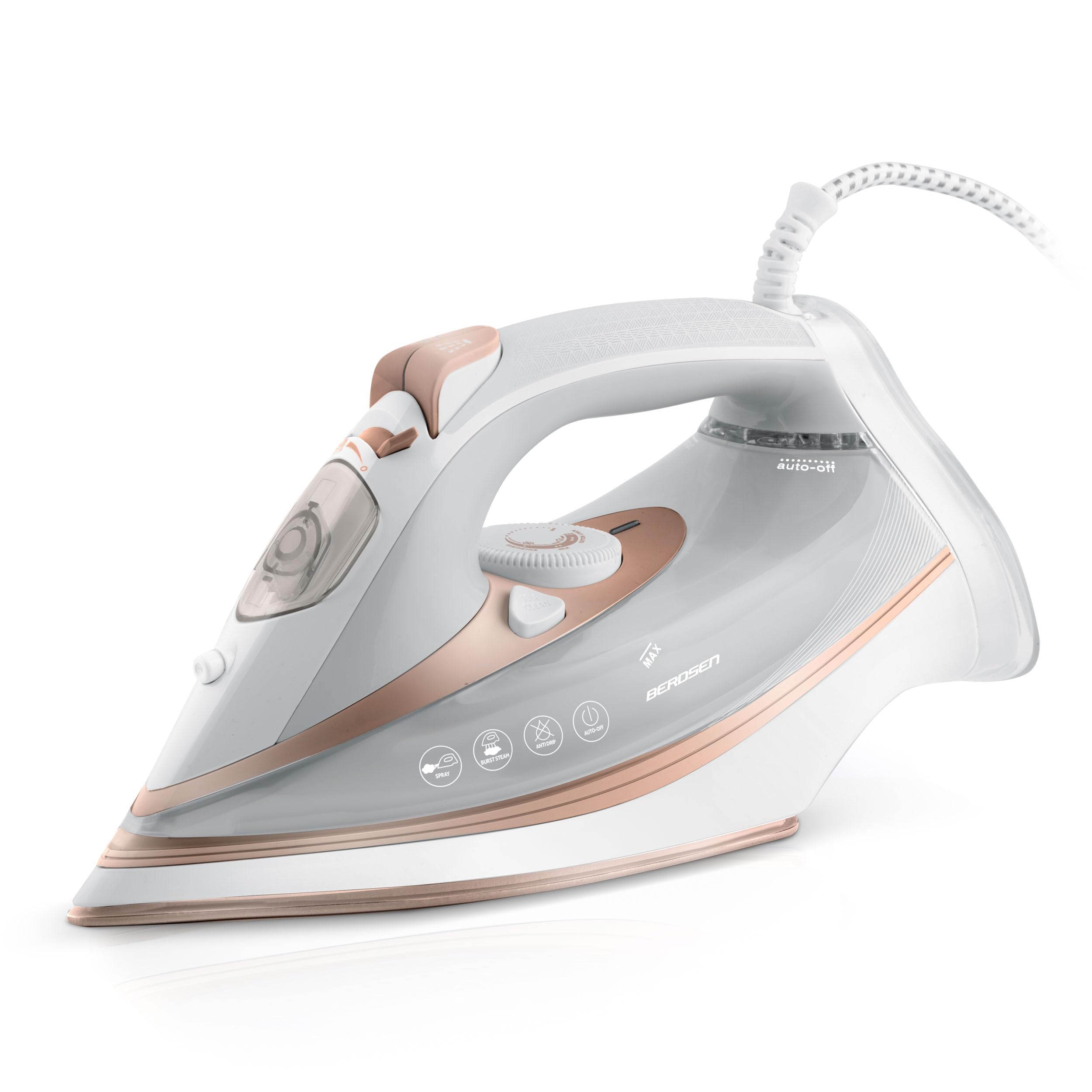 Berdsen Żelazko Parowe - 3000W z Podwójnym Wyrzutem Pary 10w1 - Powłoka Ceramiczna - Zbiornik na Wodę 360 ml - Białe