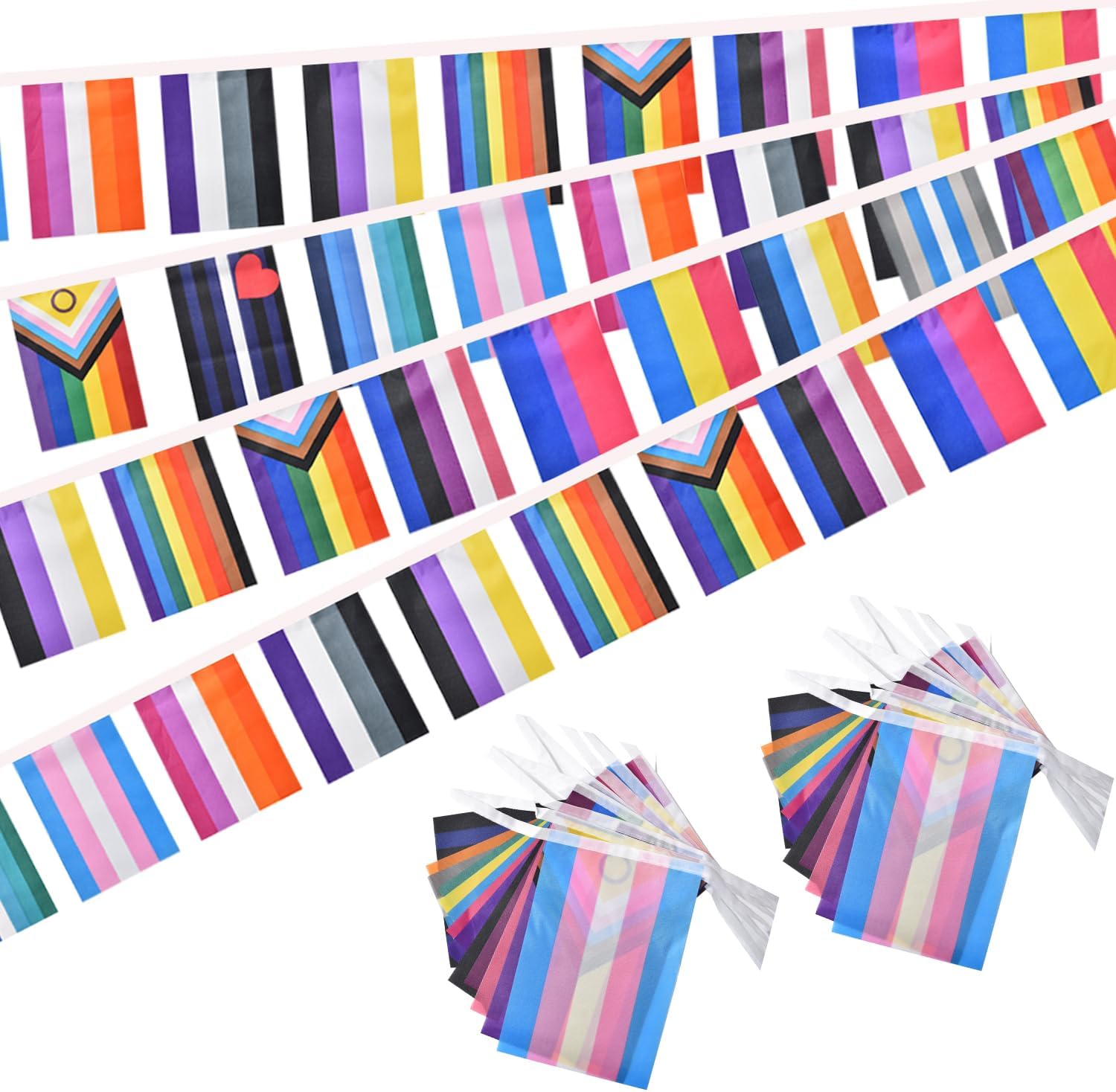 2 Pack Progress Gay Pride Flags Banner Bunting Rainbow LGBTQ Intersex Garland String Decorations 40Feet 30Flags 5x8 Inch