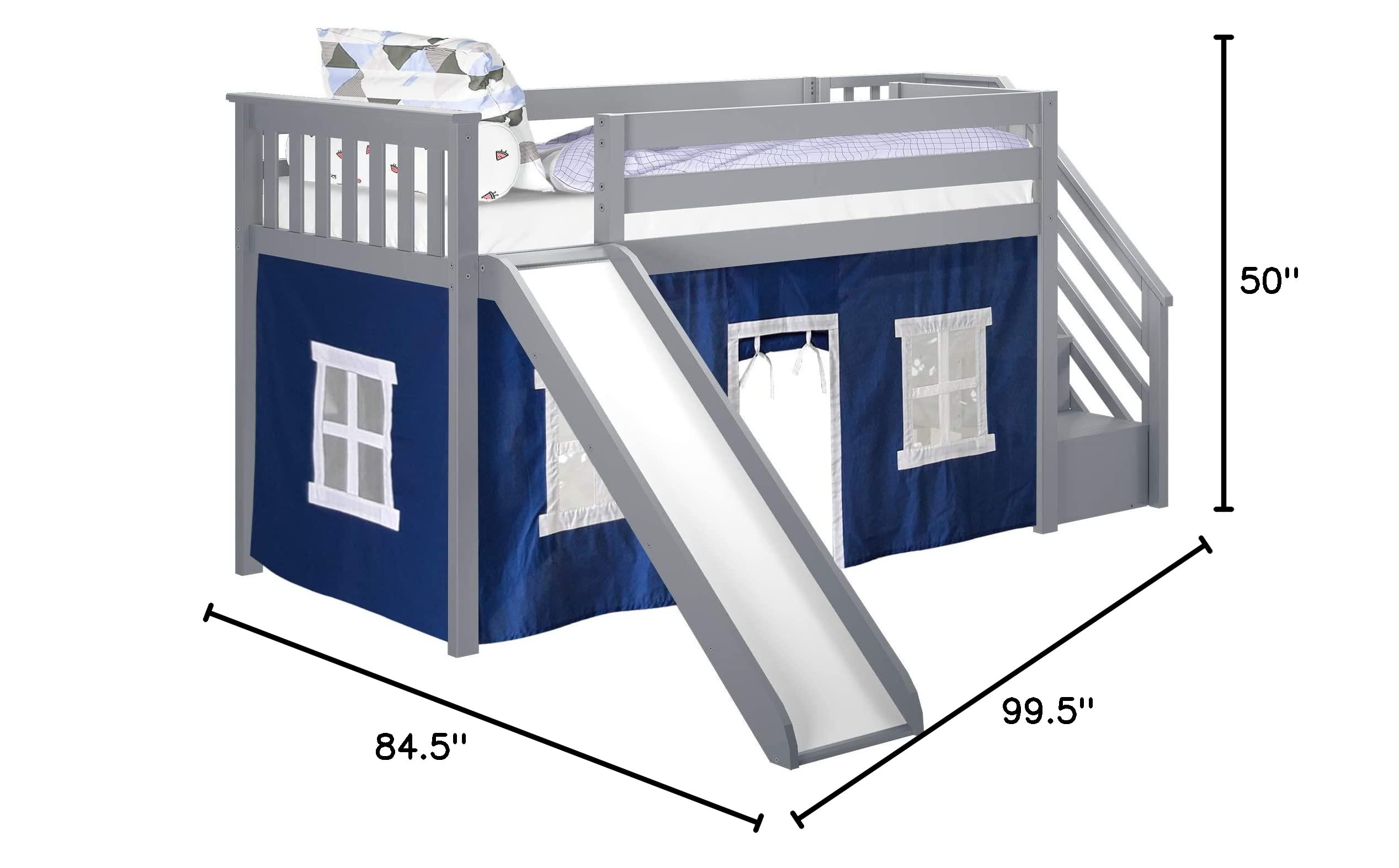 Max & Lily Low Loft Bed, Twin Bed Frame For Kids With Stairs, Slide