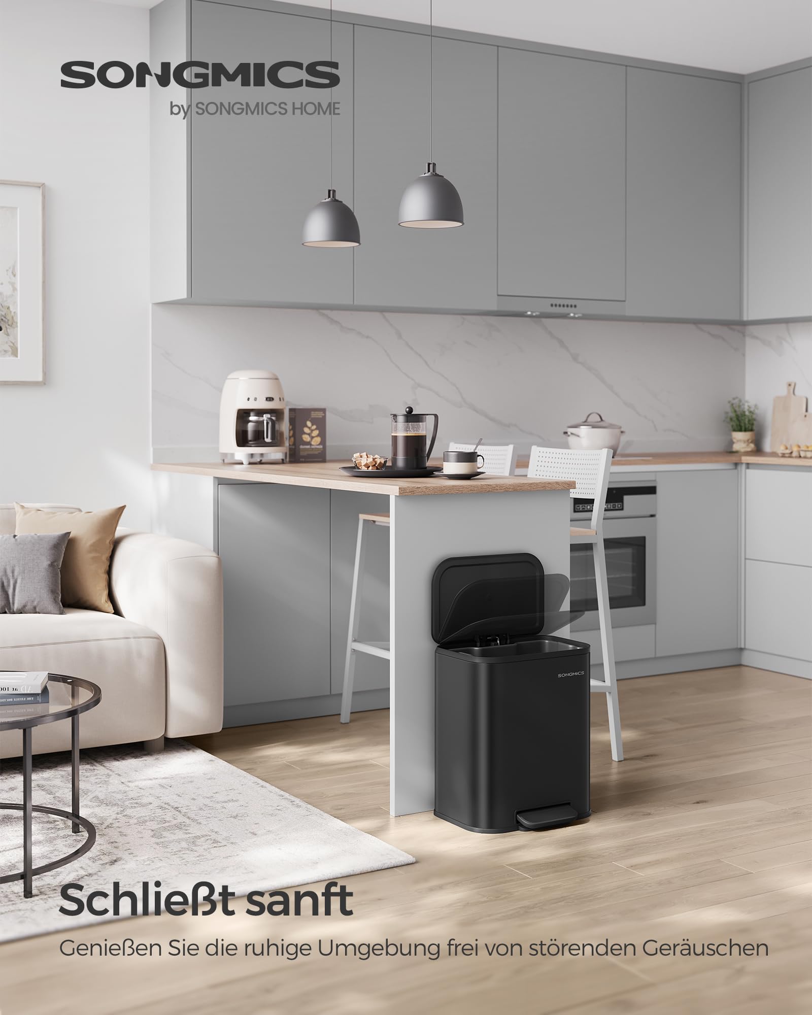 SONGMICS Mülleimer Küche, 20 Liter Abfalleimer mit Deckel, Tretmülleimer, Stahl, Softclose, Offenhaltefunktion, mit Inneneimer, breites rutschfestes Pedal, tintenschwarz LTB542B02