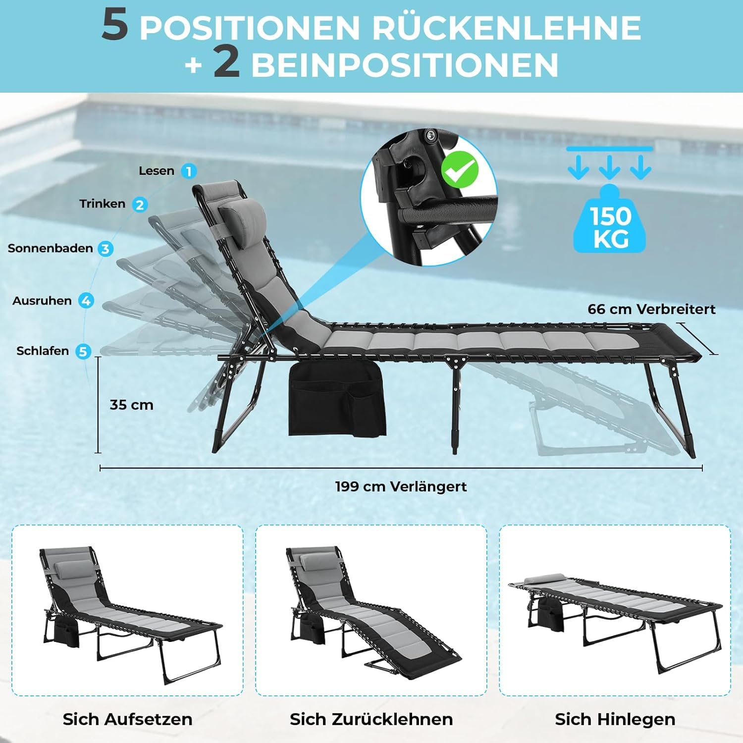 Clevich XXL Liegestuhl klappbar, 199×66 cm Übergroße Sonnenliege mit 5-Fach Verstellbarer Rückenlehne, Gartenliege mit Kopfkissen & Seitentasche, Campingliege bis 150 kg für Strand, Pool