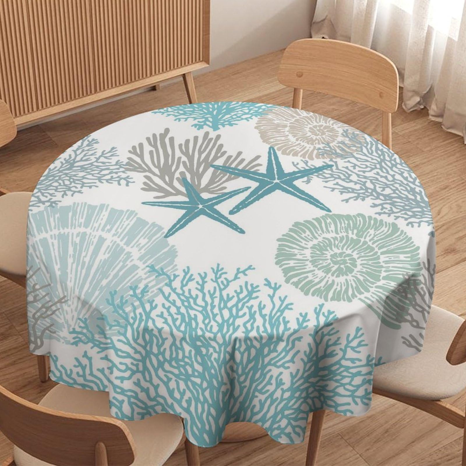 Yswow Nautical Coastal Tablecloth Beach Starfish Coral Seashell Art Printed Print Stain Table Resistant For Kitchen Dinning Outdoor Picnic Party Round 36X36in