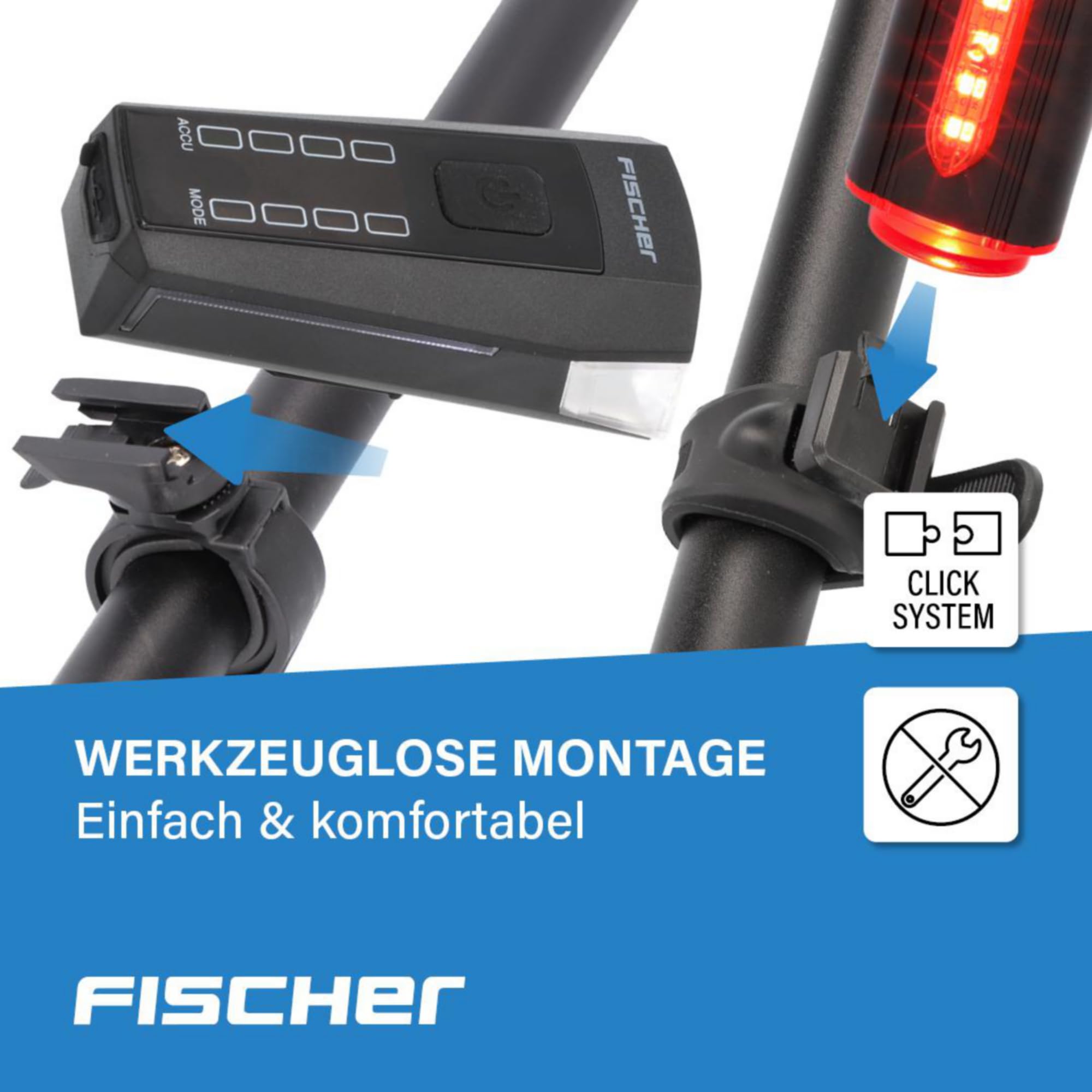 Fischer Zestaw oświetlenia LED do roweru Twin z innowacyjną lampą podłogową 360° zapewnia lepszą widoczność i ochronę, światło przednie