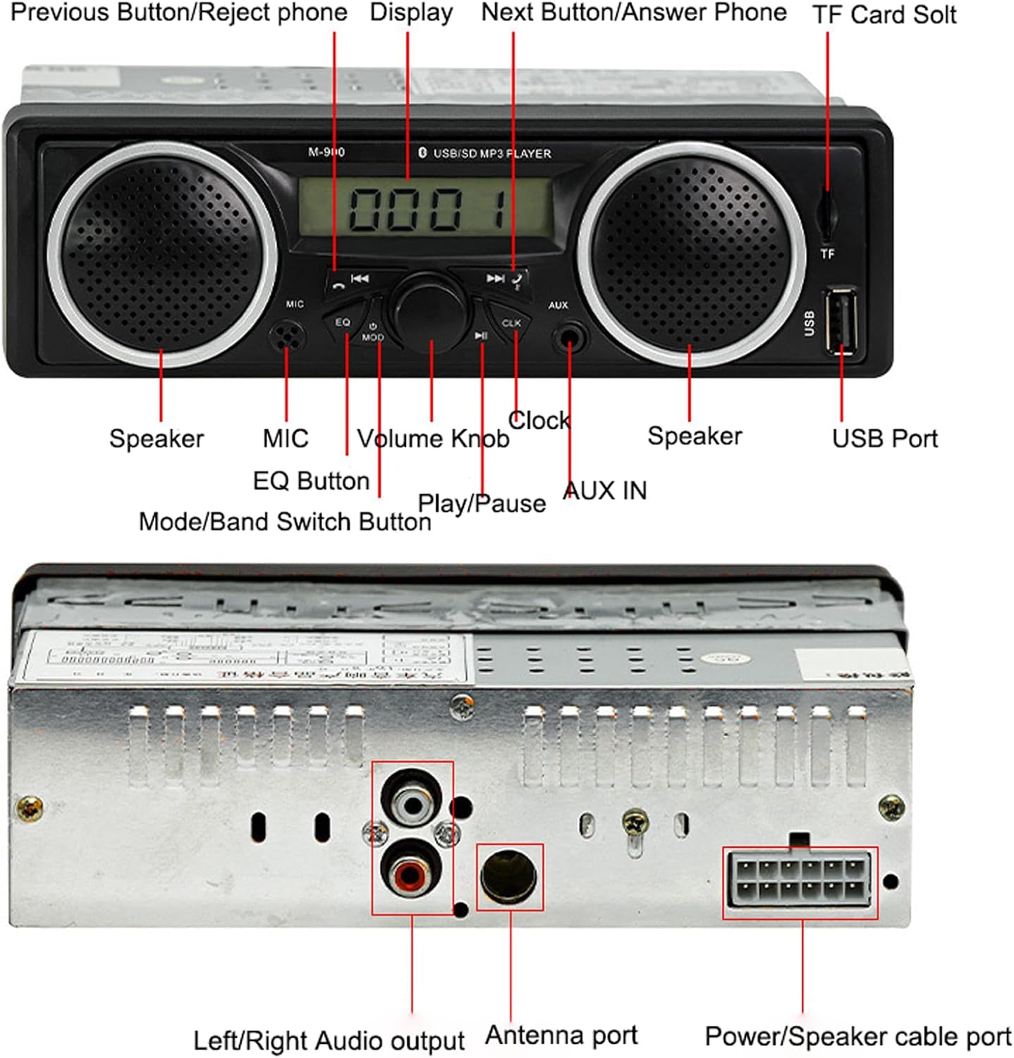 Single Din Car Stereo Bluetooth,1 Din 12V-24V Car Radio with Two Built-in Speakers, Car FM Audio Multimedia Player with USB AUX-in TF Card Port