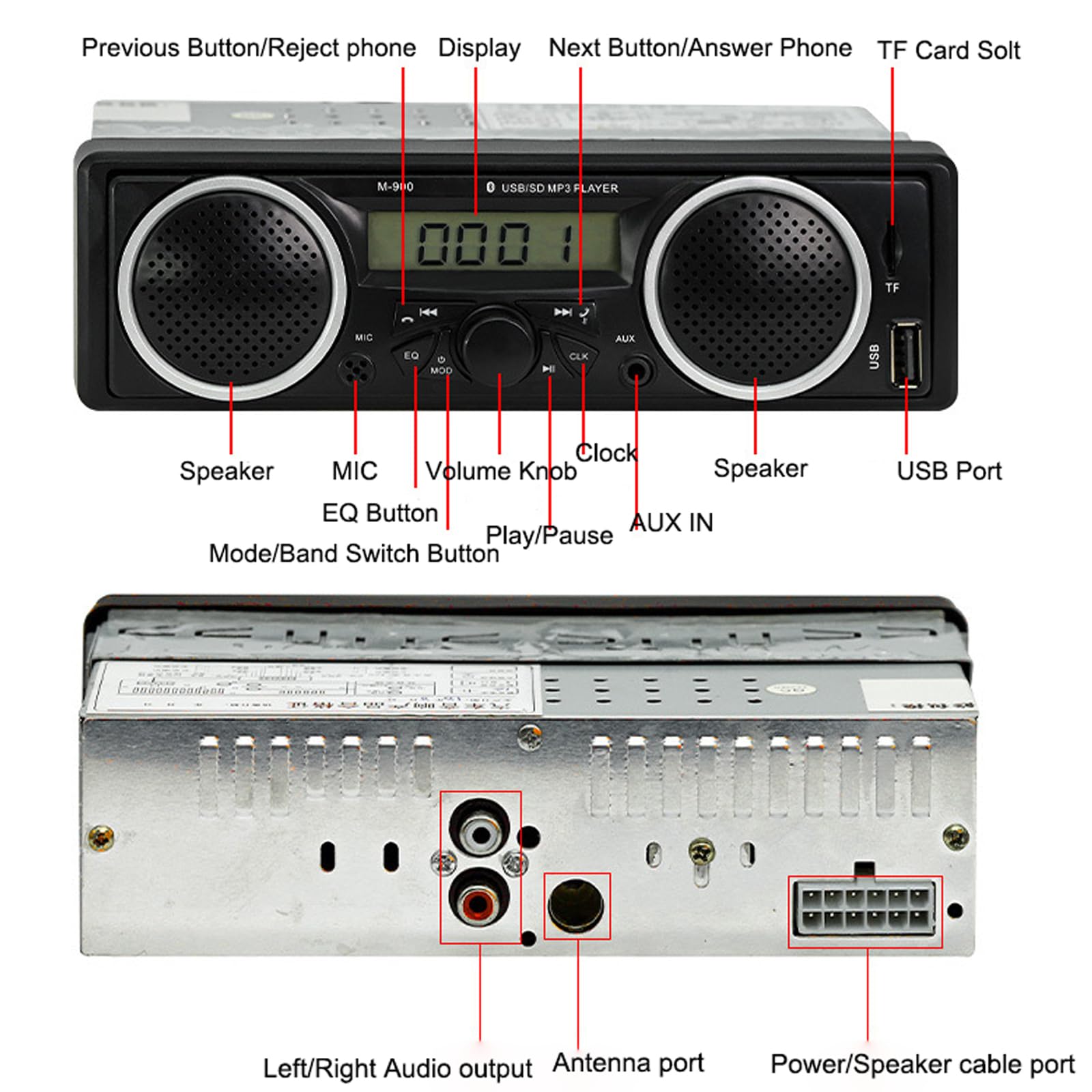 Samochodowe radio Bluetooth 1 Din 12V-24V z dwoma wbudowanymi głośnikami | Samochodowe stereo samochodowy odtwarzacz multimedialny FM z portem USB AUX-in na kartę TF Auto radio