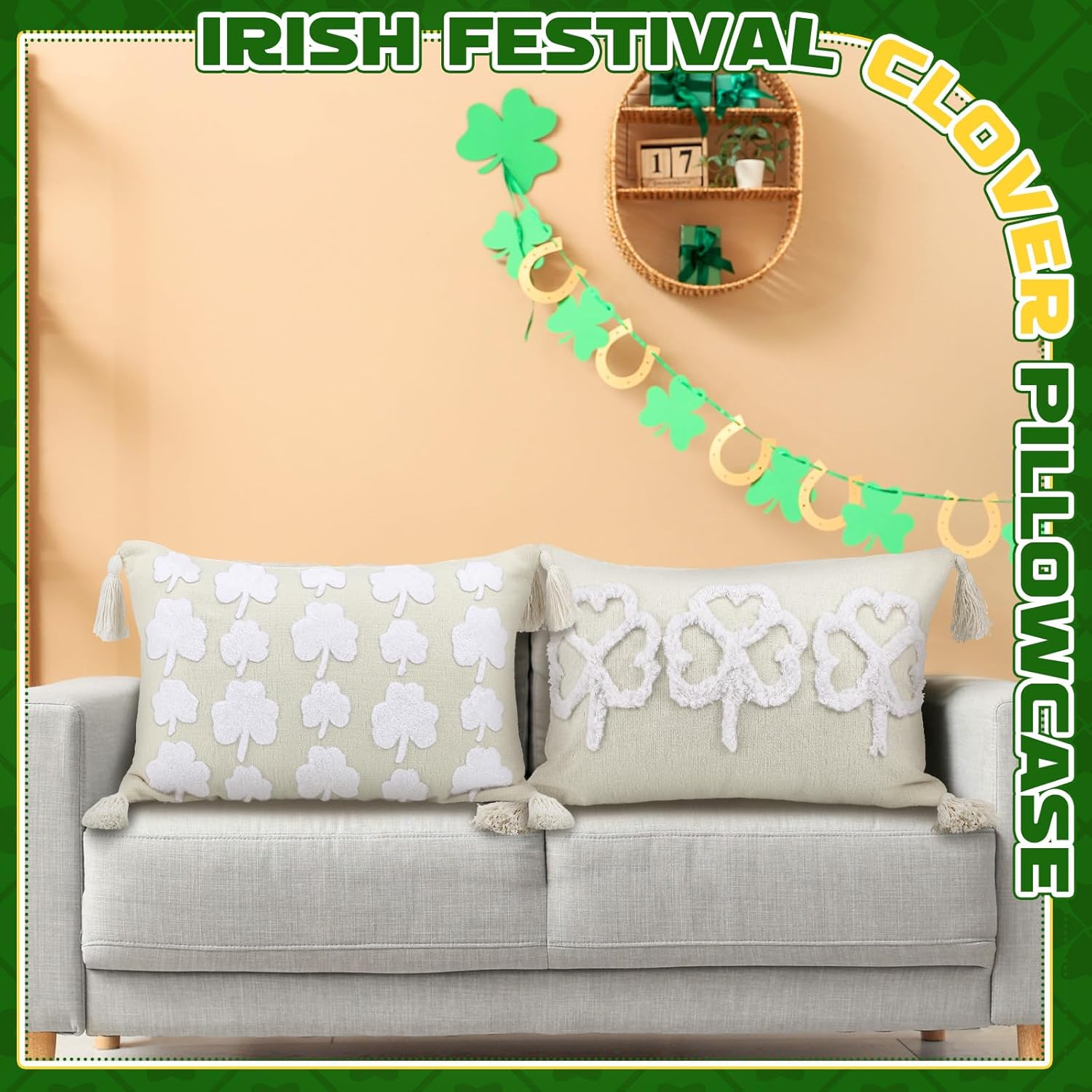 Set of 2 St Patricks Day Pillow Covers 20x12 Inch Shamrock Pillow Cover Plush Lucky Irish Clover Throw Pillowcases St Patricks Day Decorations Throw Pillows for Holiday Festivals Home Decor - Image 5