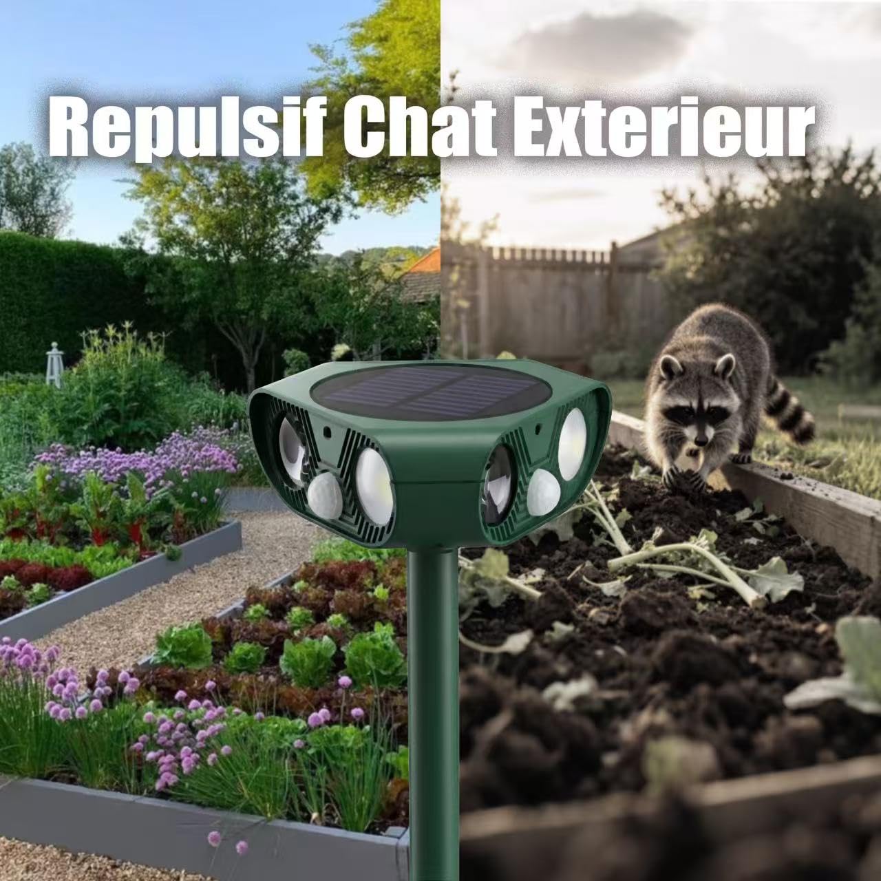 Repulsif Chat Exterieur 360°, Ultrason Chat Trois Côtés Travaillant Simultanément, IP65 Imperméable Répulsif pour Chat avec Flash LED, Détecteur PIR, Anti Chat Chiens Souris Ratons