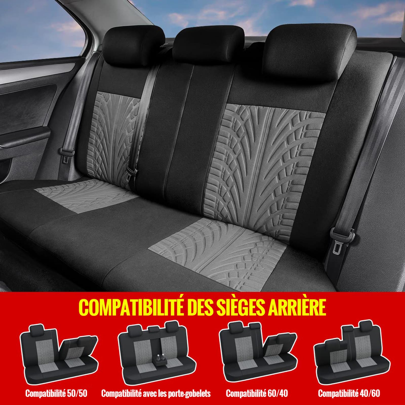 AUTOYOUTH Housse de Siège de Voiture Universelles Traces de Pneus Housses de Siège Auto - Accessoire de Siège Auto - Gris