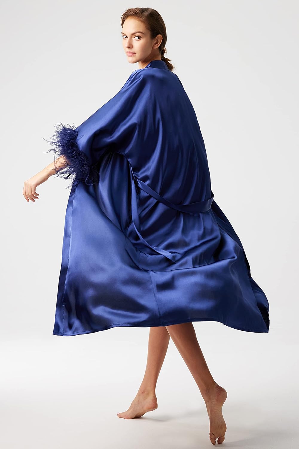 PRODESIGN Satin Kimono Robe Long Silky Bathrobe with Ostrich Feather Trim Sleepwear Wedding Bridesmaid Dressing Gown - Image 4