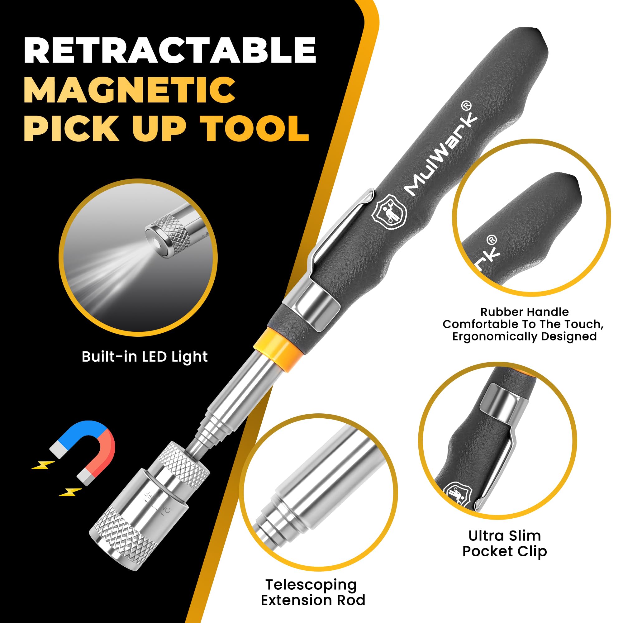 Mulwark 5 pcs Telescoping Magnetic Pickup Tool with Strong Pull Force: Non-Slip Extendable Magnet Pickup Tool: Telescopic Magnetic Pick-Up Tool with Extra Strong Magnet (7pcs Large) - Image 3
