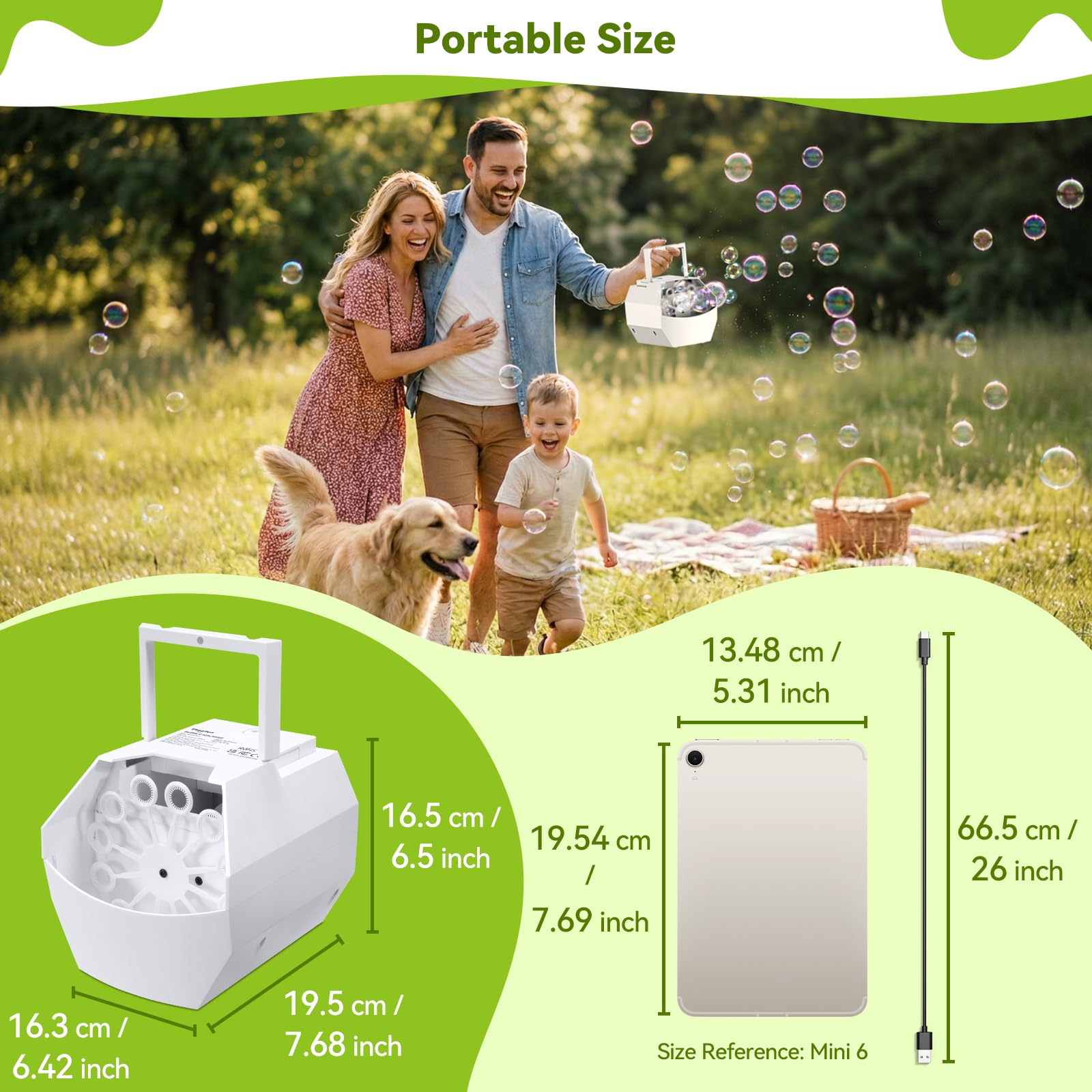 Theefun Máquina de burbujas, soplador automático de burbujas de 500 ml, juguete eléctrico portátil de burbujas para niños y niñas, al aire libre, interiores, fiestas, bodas, cumpleaños, alimentado por