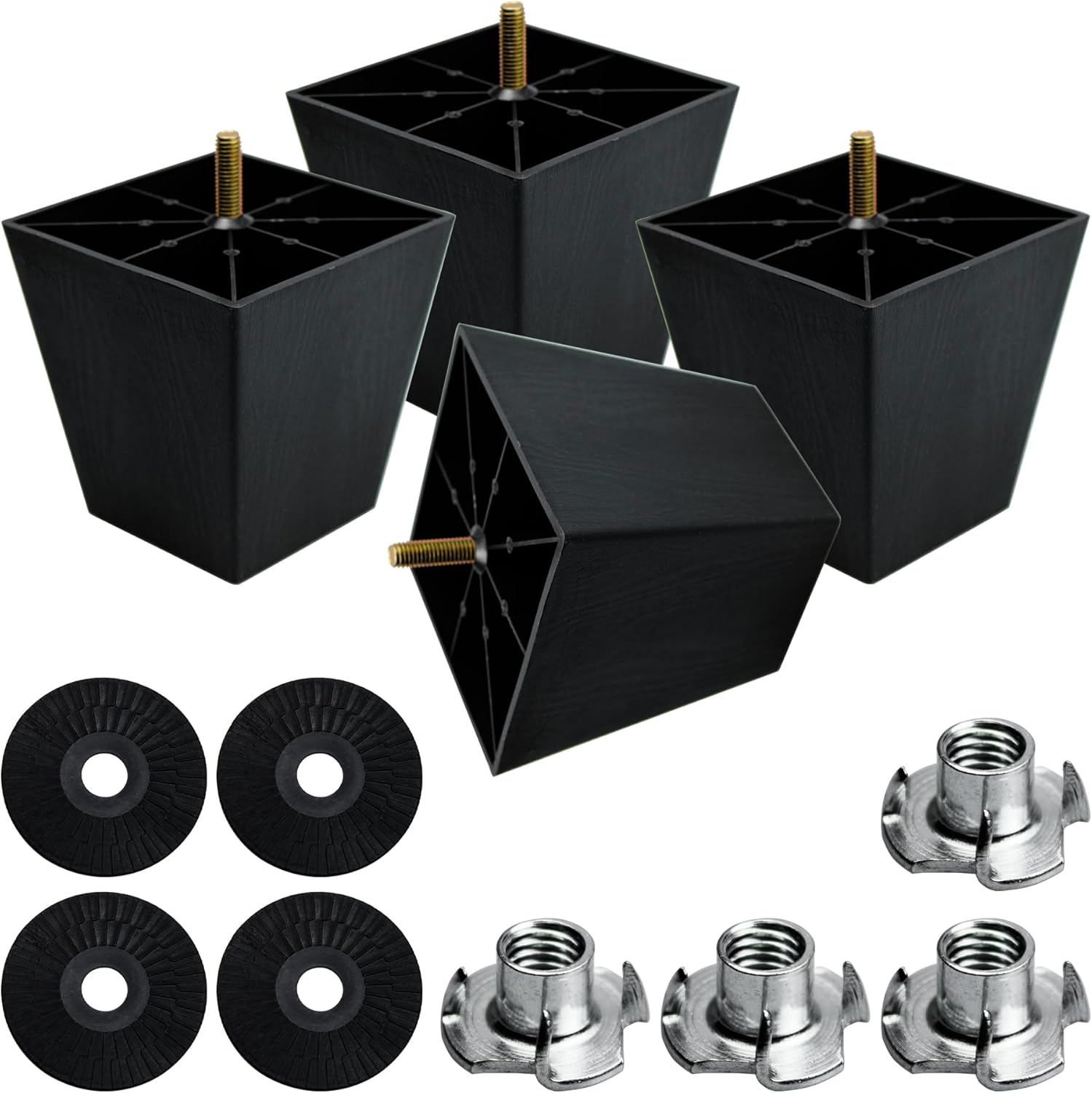 4PCS 2 Inch Plastic Furniture Legs, Square Tapered M8 Thread Sofa Couch Chair Feet Leg Replacement with M8 Hanger Bolts and T-Nuts