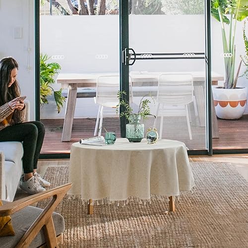 Miniatura 7 de TACYKIBD Mantel redondo de 60 pulgadas, manteles de lino de algodón con borla, mantel bohemio para cocina, comedor, decoración de mesa de café de