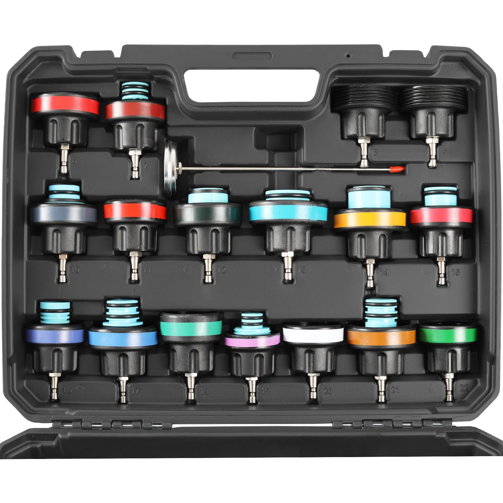 TECPO Kühlsystem Prüfgerät, Vakuum-Abdruck-Set, für PKW & leichte LKW, mit Pumpe, Manometer & Kühleradaptern, Druckprüfung 0-2,5 bar & Dichtheitskontrolle mit Vakuum-Wartungsset für Kühlmittel