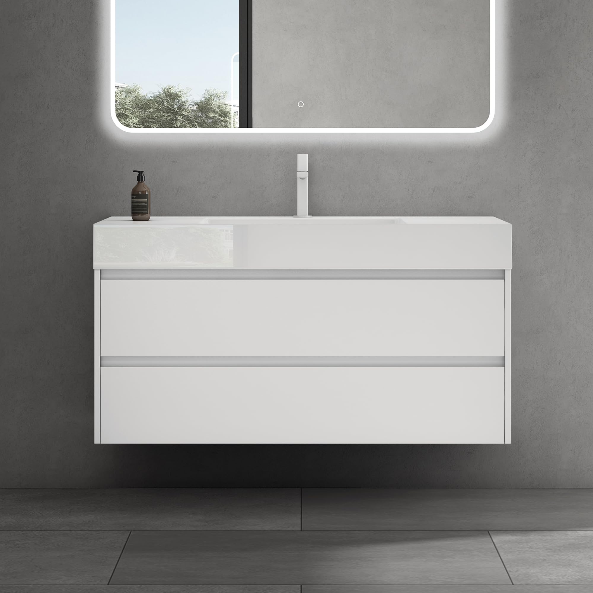 doporro Meuble de Salle de Bain Suspendu 120x48x50cm Ensemble de 2 Pièces | Blanc Mat, avec Lavabo en Solid Surface, Design Deep