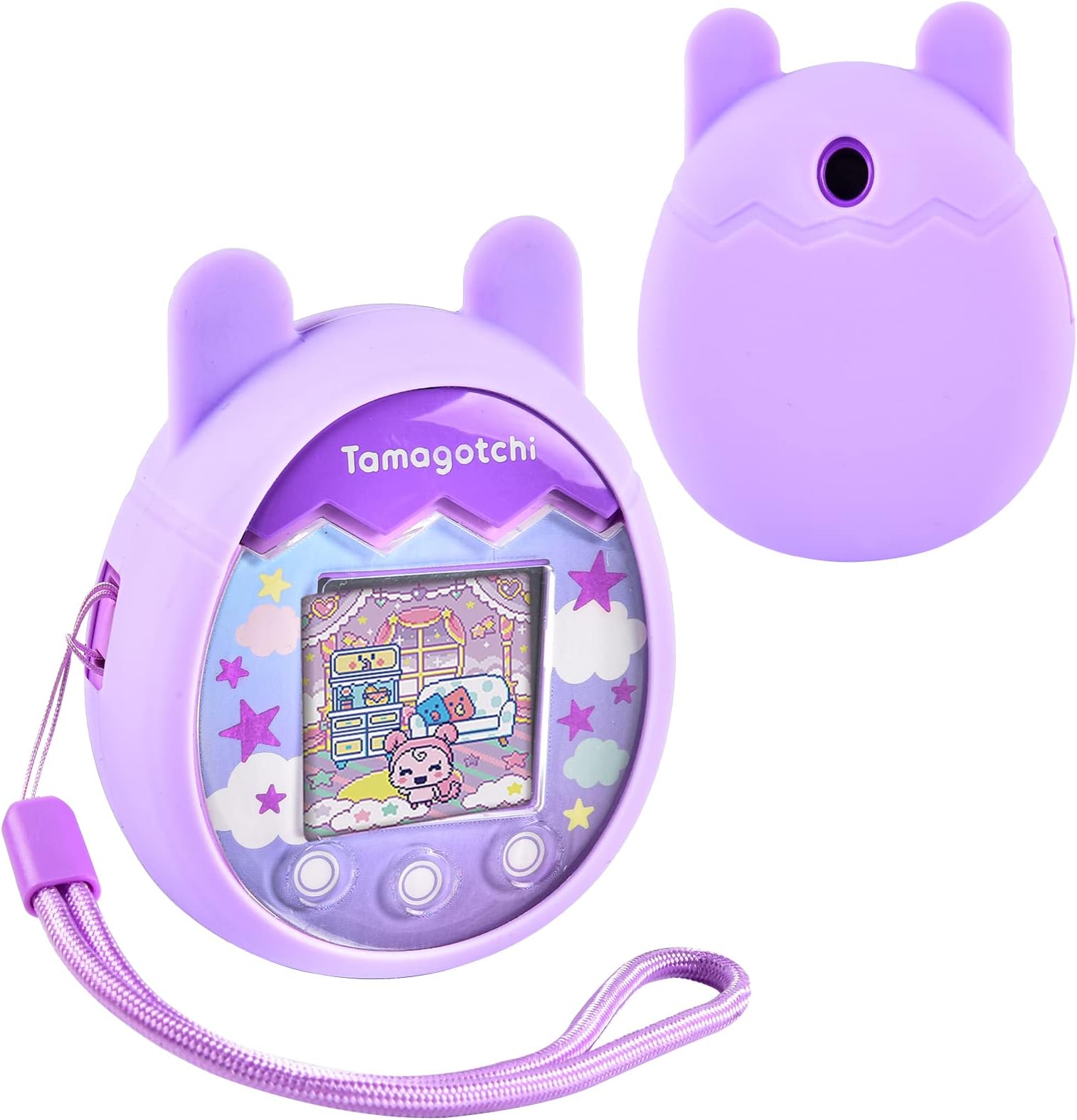 Silicone Case Compatible with Tamagotchi Pix Virtual Pet Game Machine, Protective Gel Soft Skin Cover for Tomagatchie Giga Pet Mini Toy, Travel Carry Pouch Sleeve with Hand Strap, Purple-Bag Only