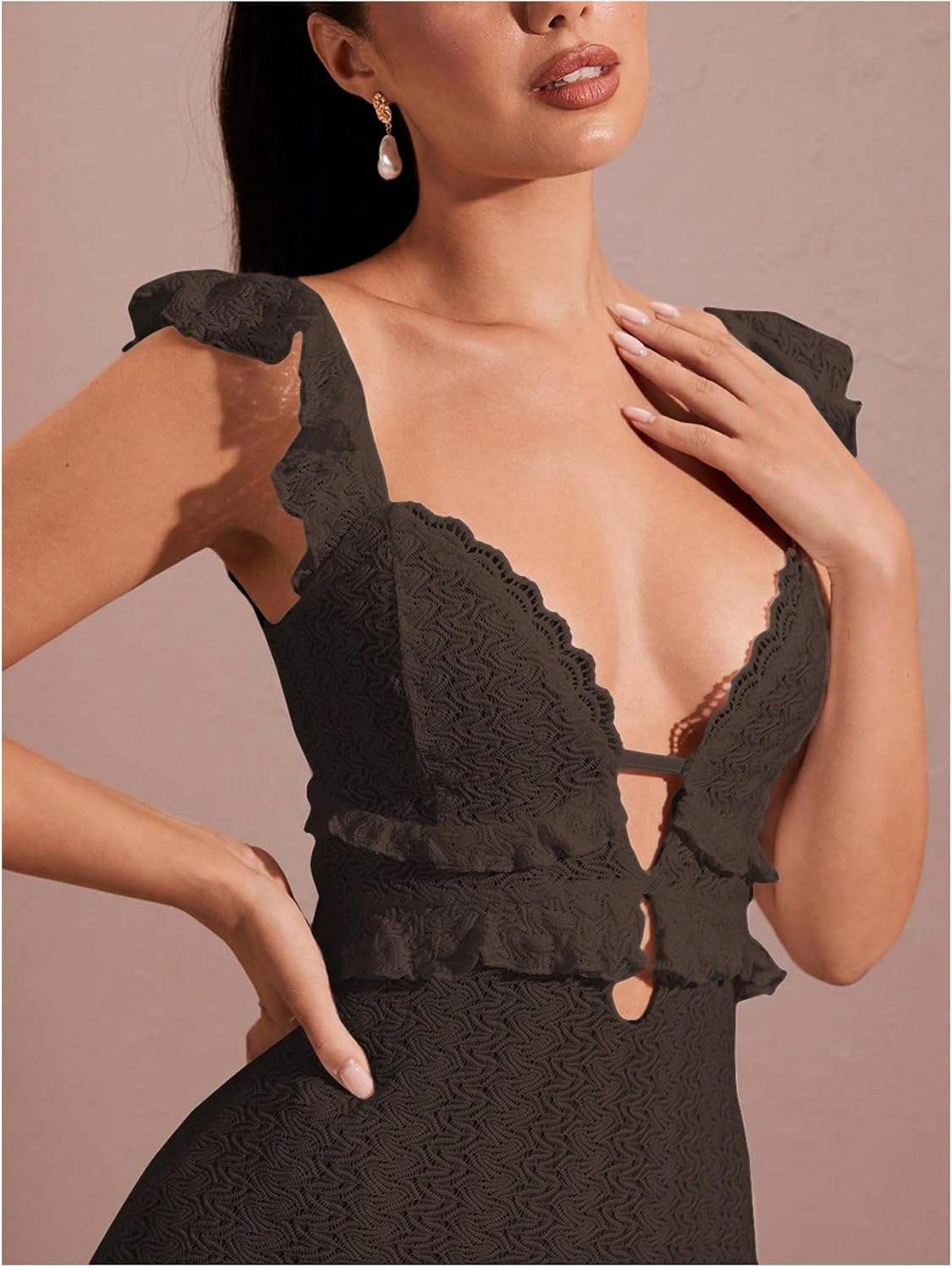 SOLY HUX Women's Maxi Dress Crochet Ruffle Sleeveless Backless Bodycon Long Dresses - Image 3