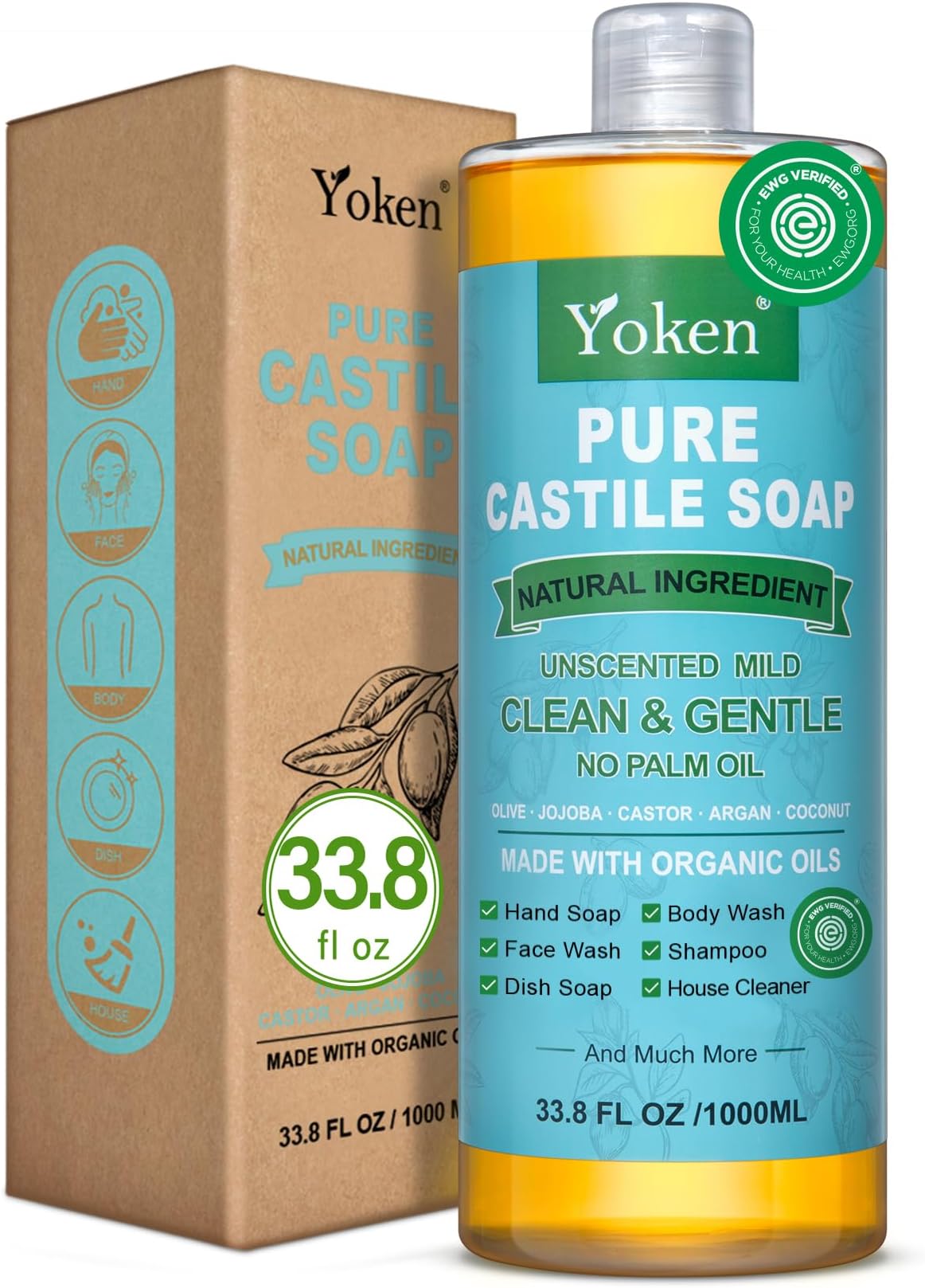 Yoken Pure Castile Liquid Soap 33.8 Oz Unscent add Organic Oil EWG Verified | No Fragrance Vegan Natural Laundry Dishes Mild Sensitive Skin Travel Camp Soaps Body Bath Hand Wash Free 1000 ML