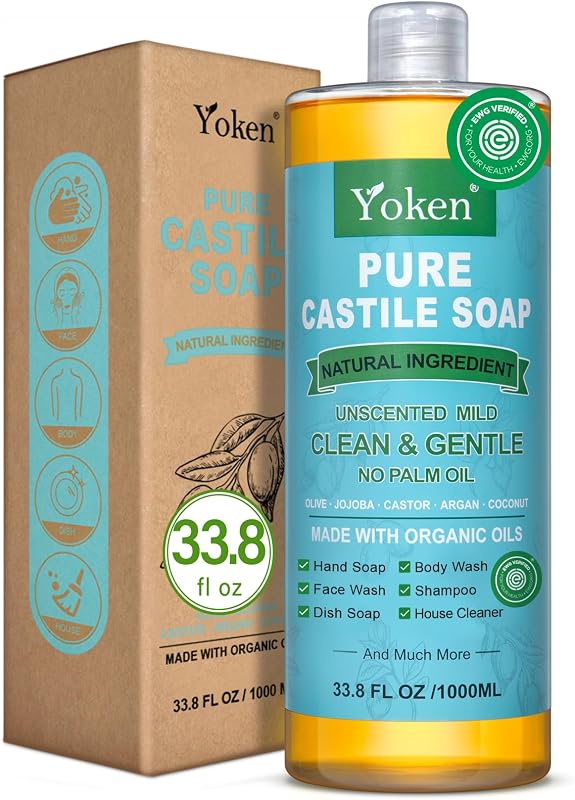 Yoken Pure Castile Liquid Soap 33.8 Oz Unscent add Organic Oil EWG Verified | No Fragrance Vegan Natural Laundry Dishes Mild Sensitive Skin Travel Camp Soaps Body Bath Hand Wash Free 1000 ML