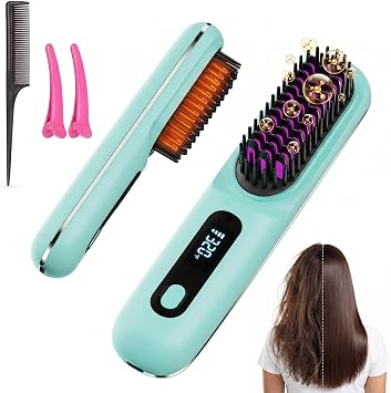 2026 Upgraded Cordless Straightening Brush, Go Brush Pro Hair Straightener Brush, MCH Fast Heating, 3 Temp Settings, 4000mAh Type-C Rechargeable Portable Travel Styling Tool Blue