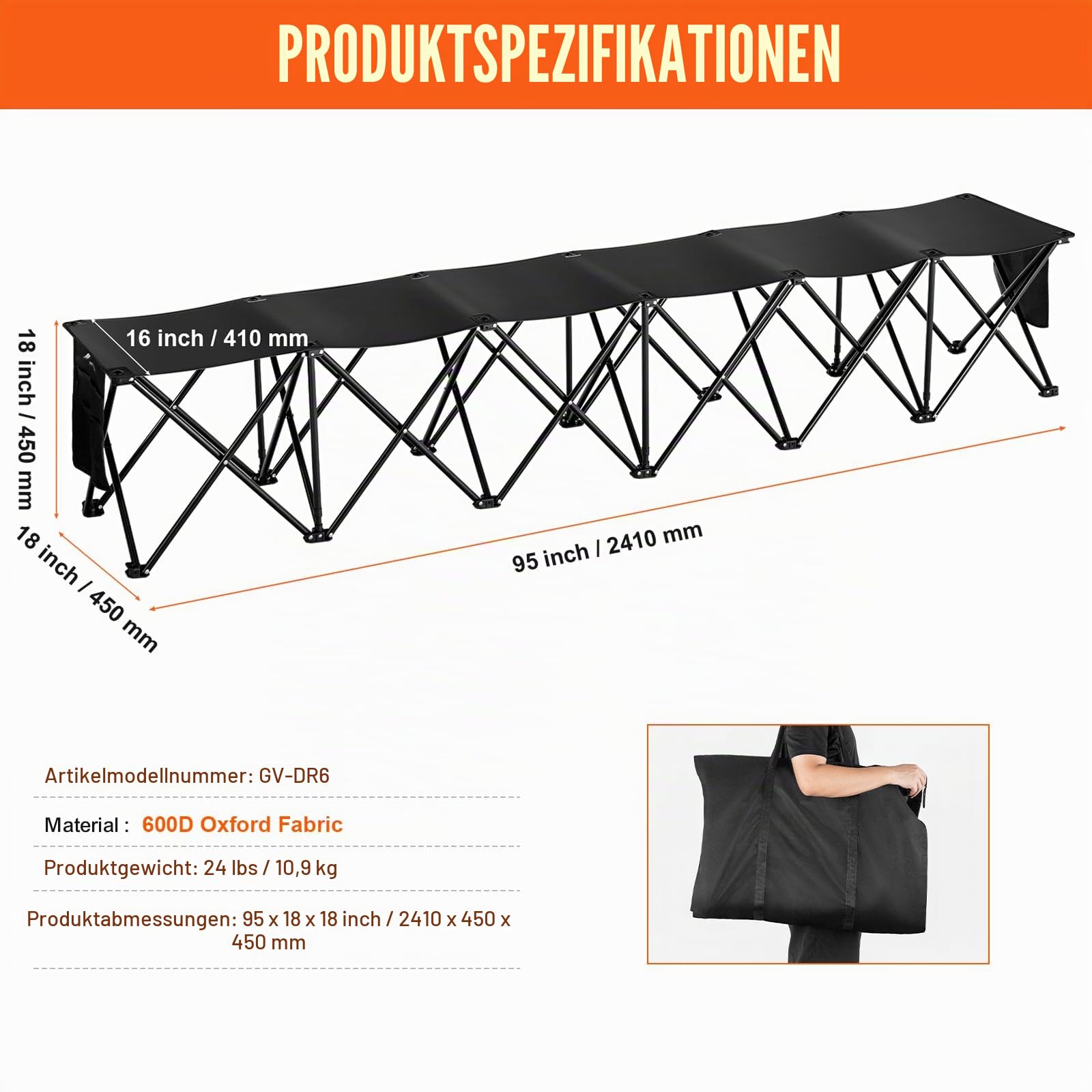 VEVOR Tragbare Klappbank, 6 Sitze, Faltbare Seitenbank, Outdoor-Campingbankstühle mit Tragetasche, Mannschaftssport-Seitenbank für Fußball, Camping, Angeln, kein Zusammenbau nötig