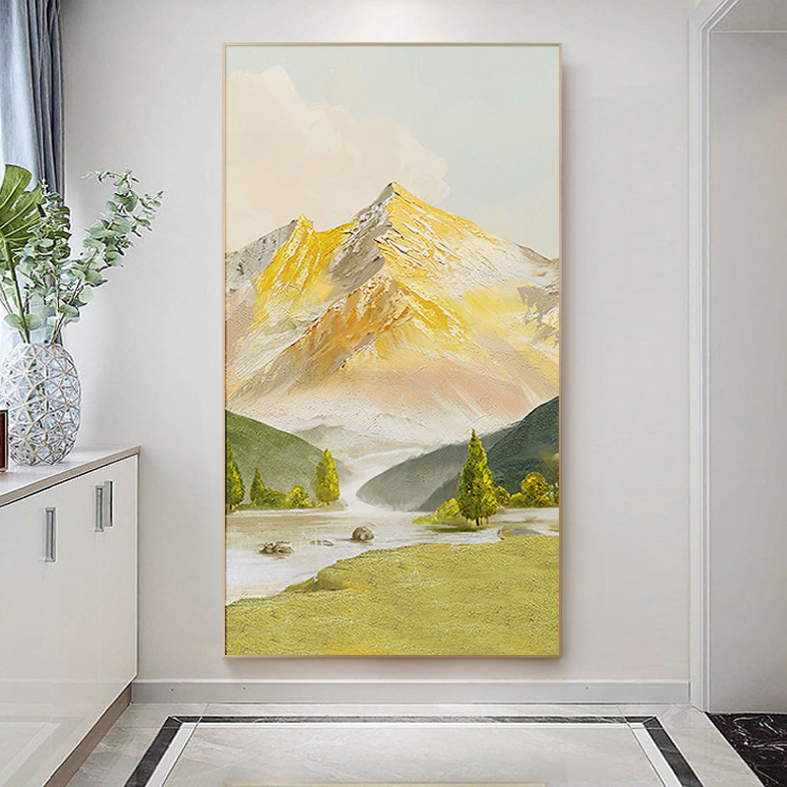 Peintures à l'huile peintes à la main : grand tableau montagne d'or de luxe