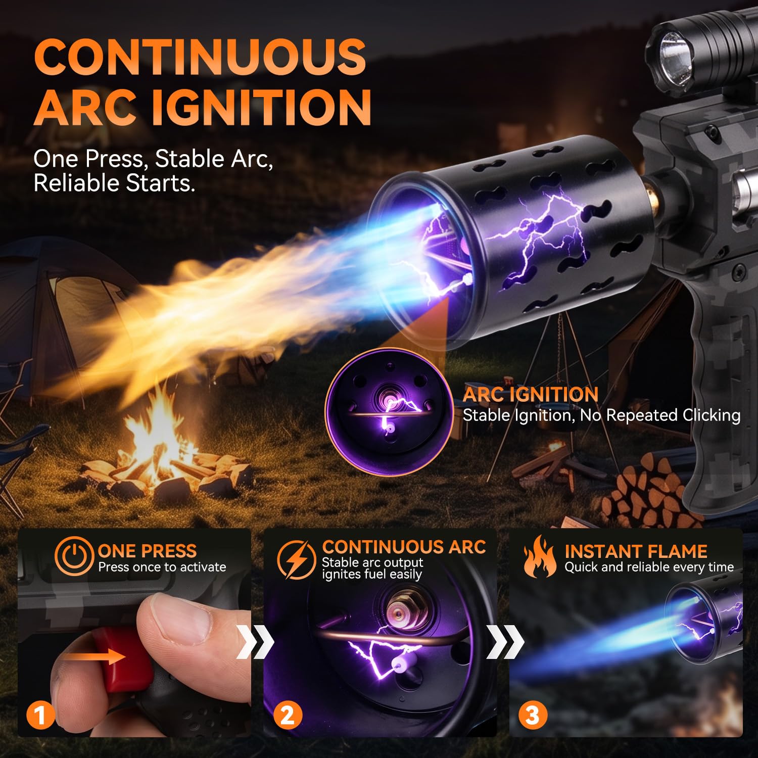 Pistolet torche au propane avec allumage à l'arc, design amovible et flamme réglable, torche de cuisine robuste pour barbecue, démarrage du feu, camping, soudure et désherbage (réservoir non
