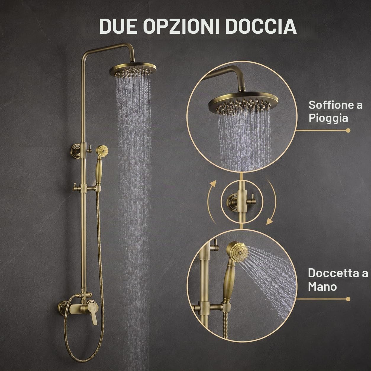 Doccia a Incasso Sistema Parete con Soffione Pioggia Quadrato 20cm, Doccetta a Mano, Rubinetto Vasca e Asta Doccia Regolabile in Finitura Bronzo