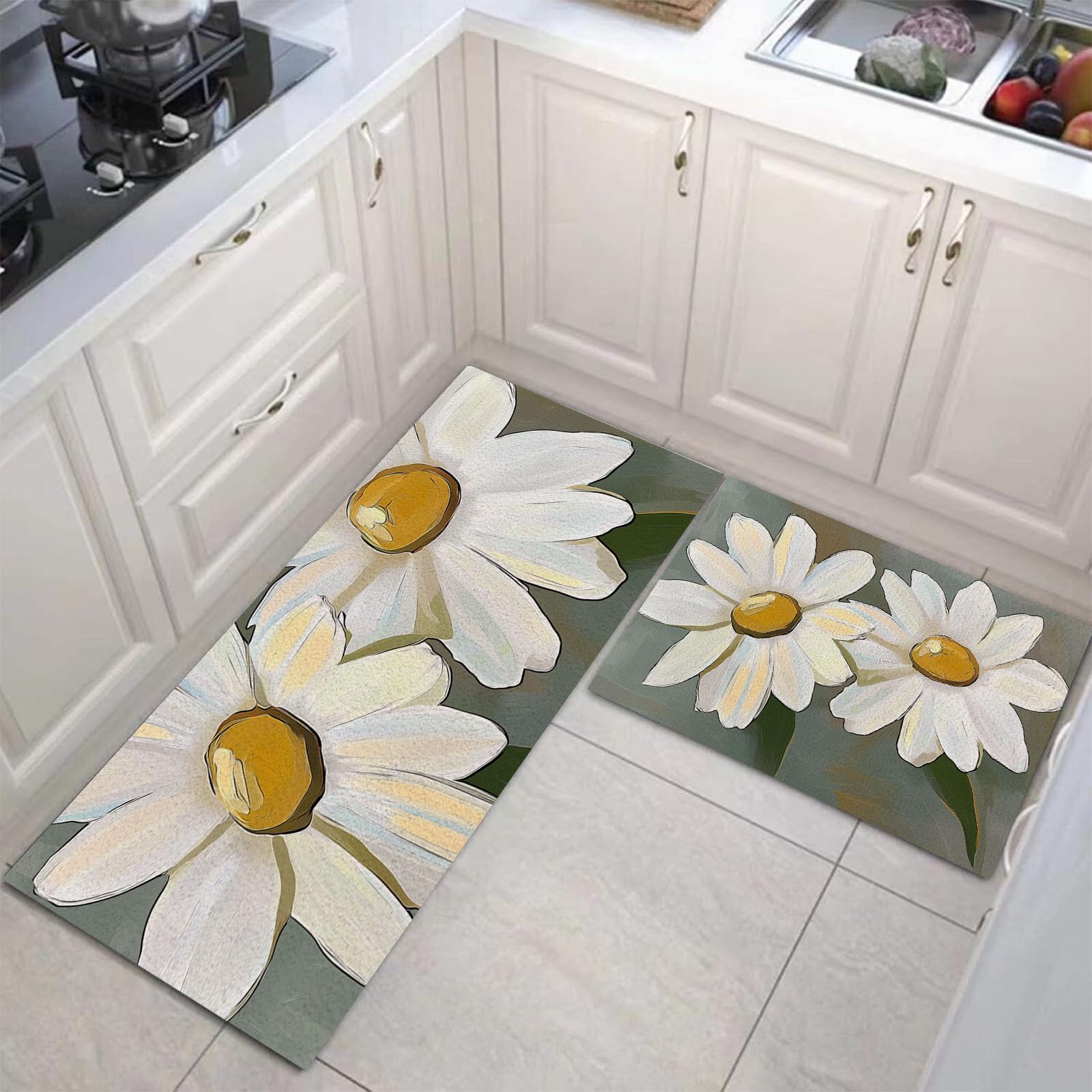 Alfombras de cocina antideslizantes con diseño de margaritas y base antifatiga lavable
