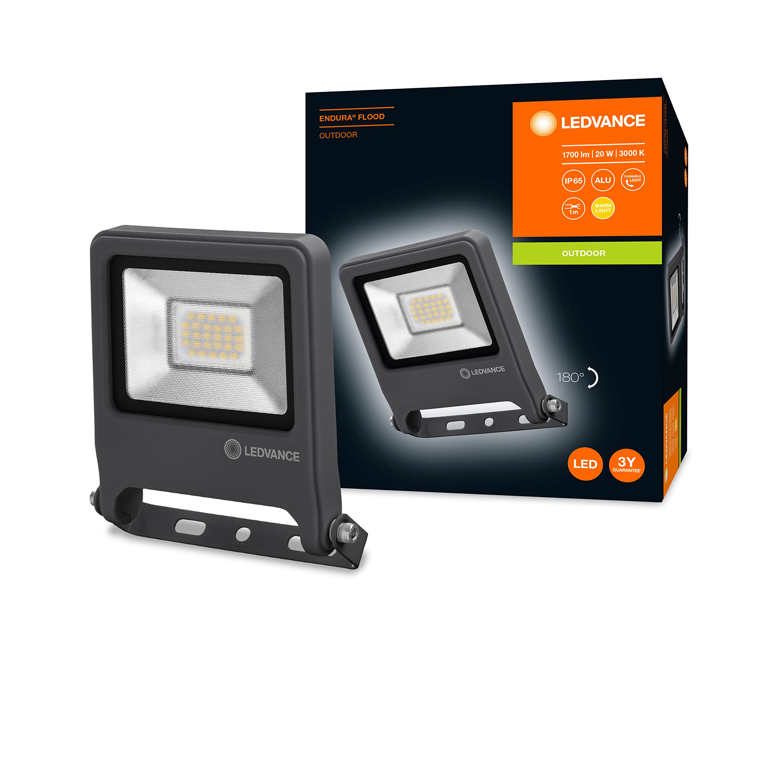 LEDVANCE Endura Flood Proiettore da Esterno 20W Luce calda 3000K, Grigio Scuro