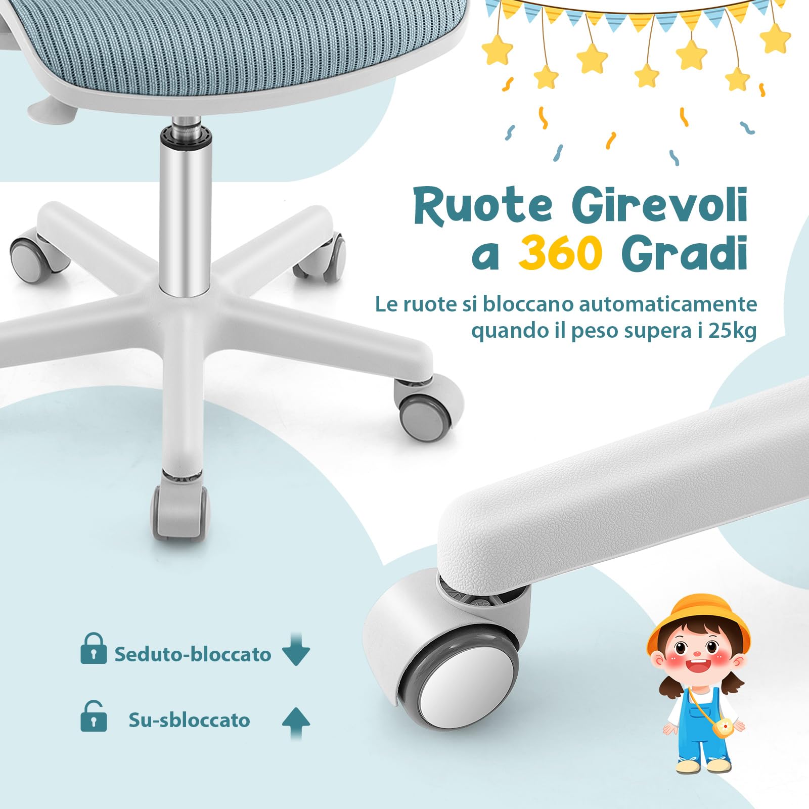 GYMAX Sedia da Scrivania per Bambini 4-15 Anni, Sedia da Cameretta Ergonomica, Altezza Regolabile, Girevole a 360°, 57 x 57 x 80-92 cm (Azzurro)
