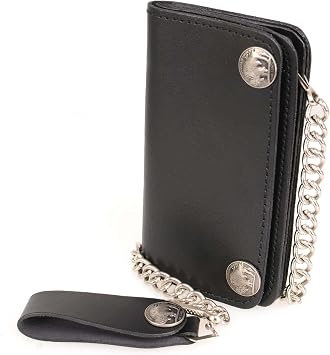 Milwaukee Leather MLW7801 Mens 6 Leather Long Bi-Fold Biker Wallet w/Anti-Theft Stainless Steel Chain and Buffalo Nickel Snaps - One Size