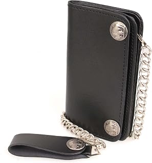 MLW7801 Men's 6” Leather Long Bi-Fold Biker Wallet w/Anti-Theft Stainless Steel Chain and Buffalo Nickel Snaps - One Size